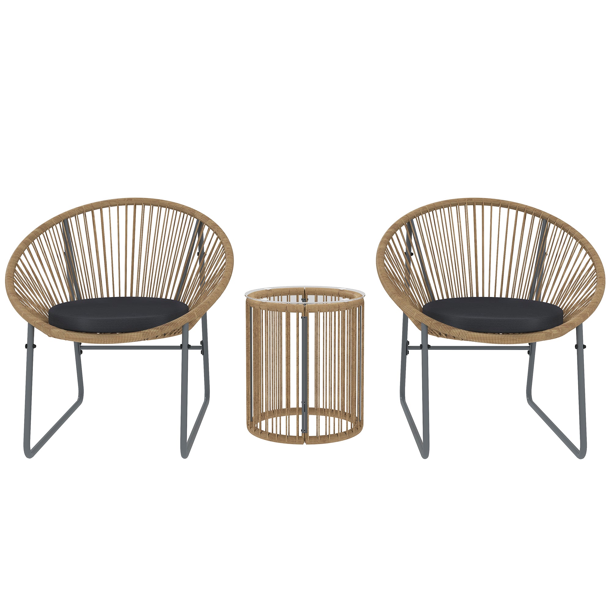 Outsunny Conjunto de Jardín Exterior de 3 Piezas Juego de 2 Sillas y Mesa de Ratán con Cojines Acolchados y Encimera de Vidrio Templado para Balcón Terraza Natural