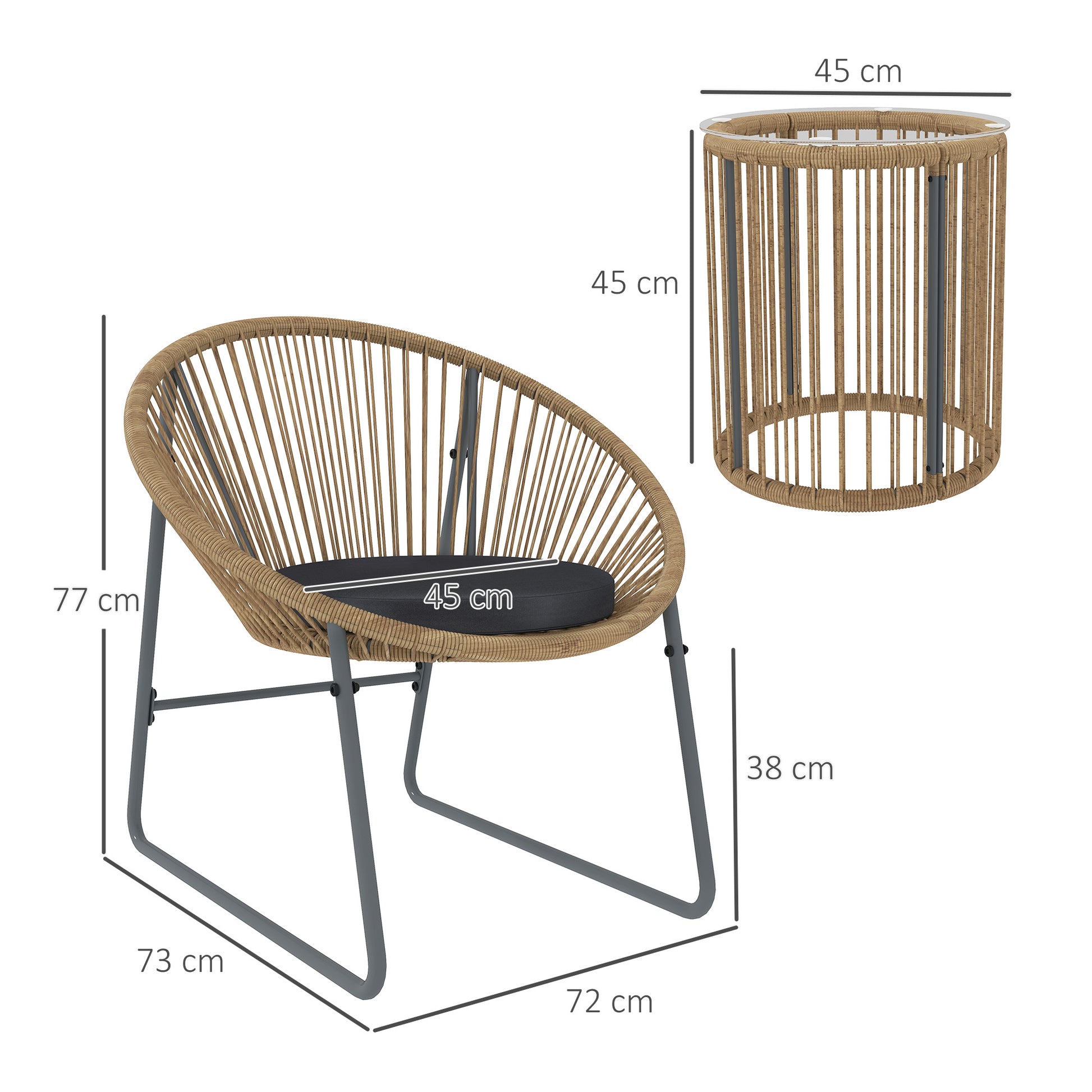 Outsunny Conjunto de Jardín Exterior de 3 Piezas Juego de 2 Sillas y Mesa de Ratán con Cojines Acolchados y Encimera de Vidrio Templado para Balcón Terraza Natural