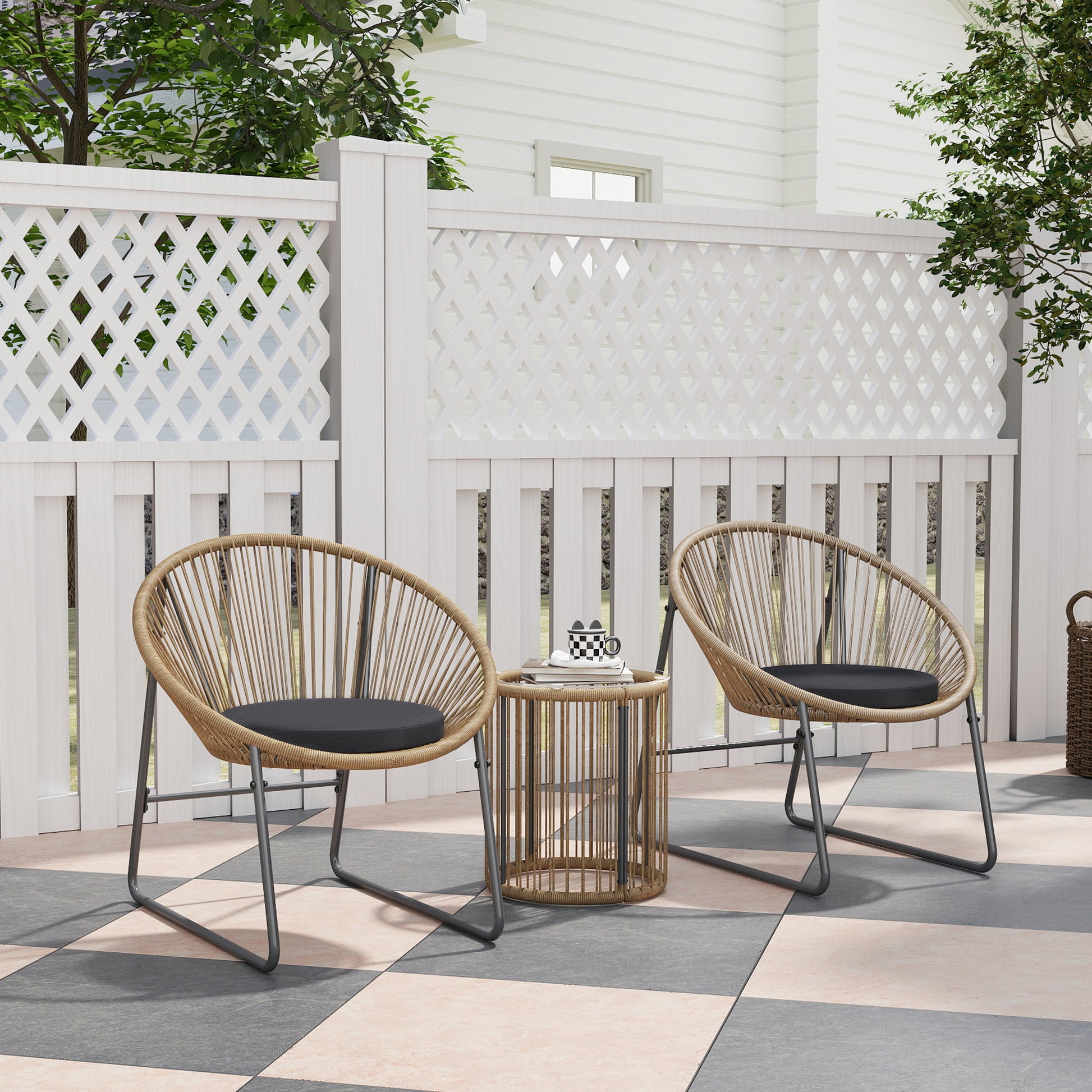 Outsunny Conjunto de Jardín Exterior de 3 Piezas Juego de 2 Sillas y Mesa de Ratán con Cojines Acolchados y Encimera de Vidrio Templado para Balcón Terraza Natural