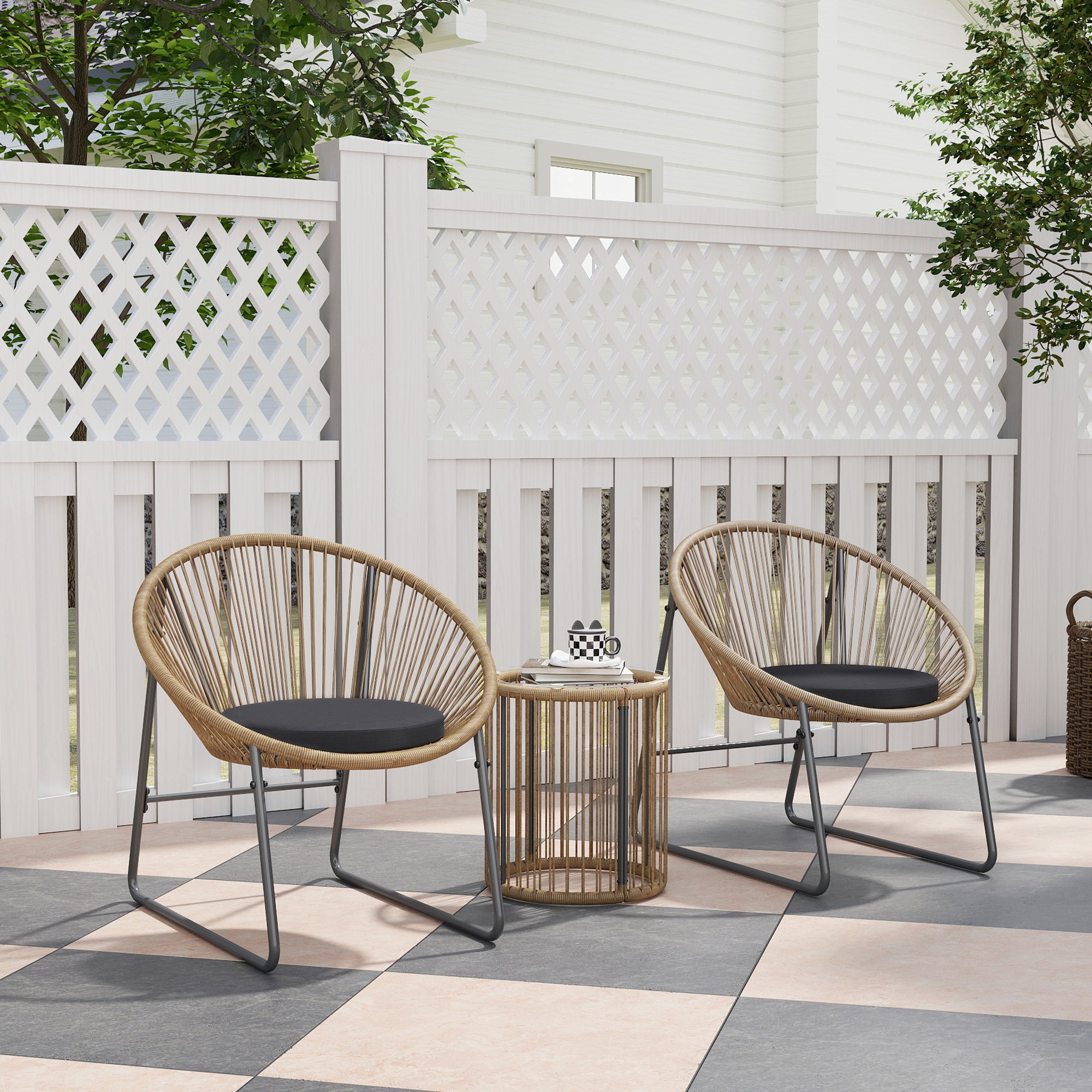 Outsunny Conjunto de Jardín Exterior de 3 Piezas Juego de 2 Sillas y Mesa de Ratán con Cojines Acolchados y Encimera de Vidrio Templado para Balcón Terraza Natural