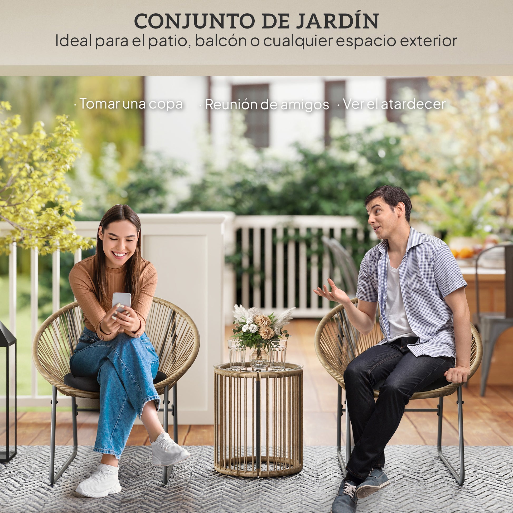 Outsunny Conjunto de Jardín Exterior de 3 Piezas Juego de 2 Sillas y Mesa de Ratán con Cojines Acolchados y Encimera de Vidrio Templado para Balcón Terraza Natural