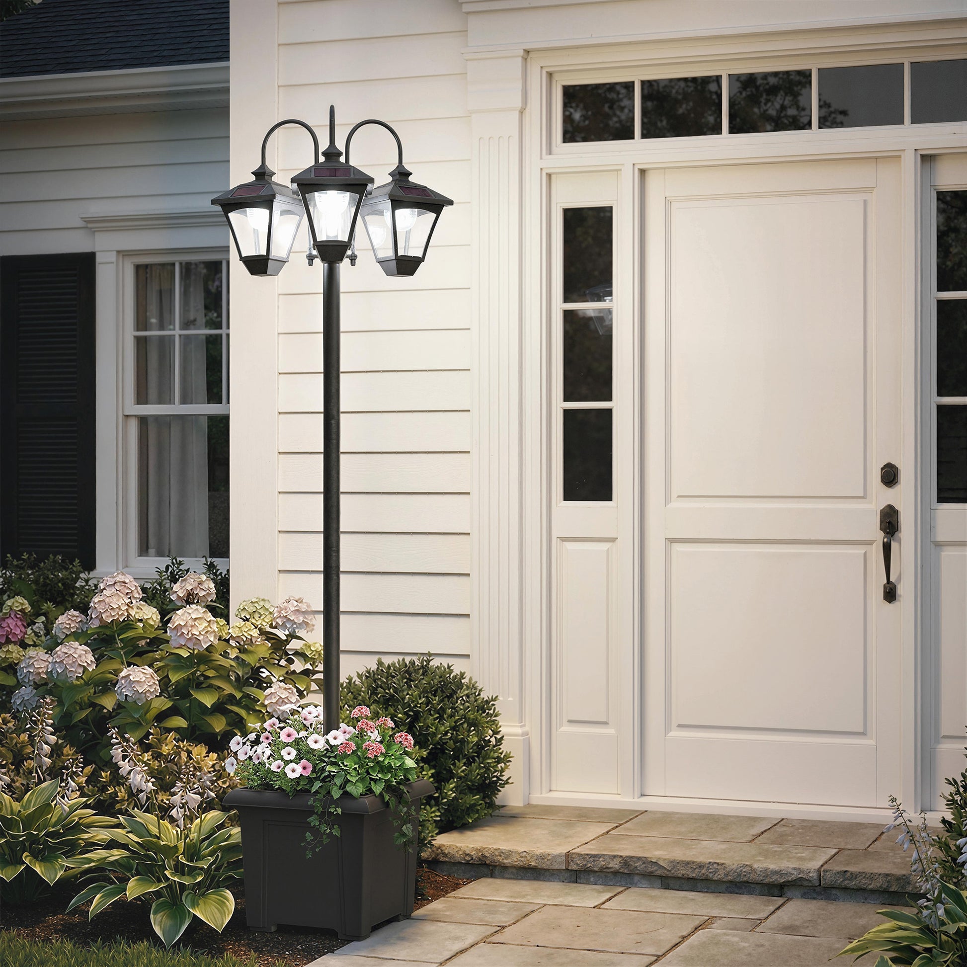 Outsunny Farola Solar Exterior de Jardín con Macetero 3 Cabezales Impermeable IP44 Encendido/Apagado Automático y Altura Ajustable Luz Solar de Exterior LED para Terraza Patio 52x52x185 cm Negro