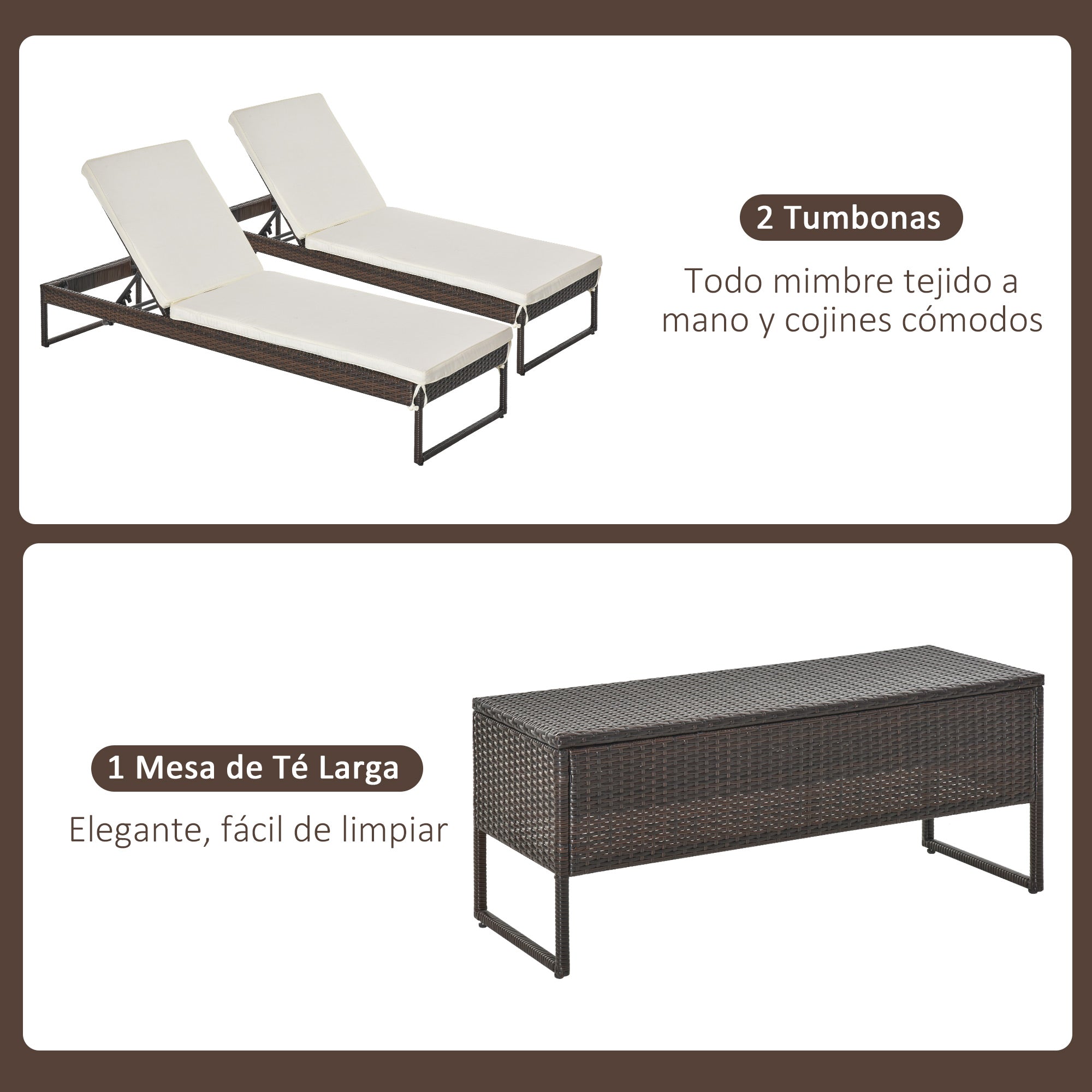 Outsunny Conjunto de 2 Tumbonas de Jardín con Cojines Acolchados Ratán con Mesa Auxiliar para Piscina o Terraza Carga 160 kg 195x60x86 cm Acero Marrón