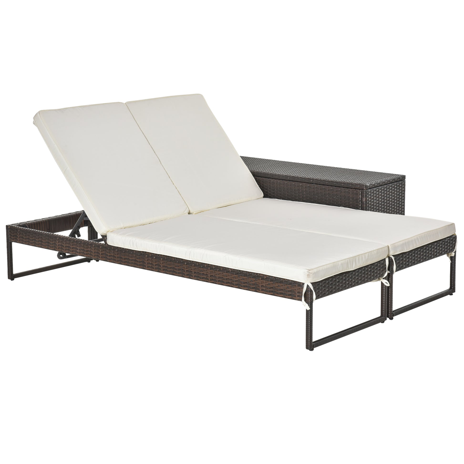 Outsunny Conjunto de 2 Tumbonas de Jardín con Cojines Acolchados Ratán con Mesa Auxiliar para Piscina o Terraza Carga 160 kg 195x60x86 cm Acero Marrón