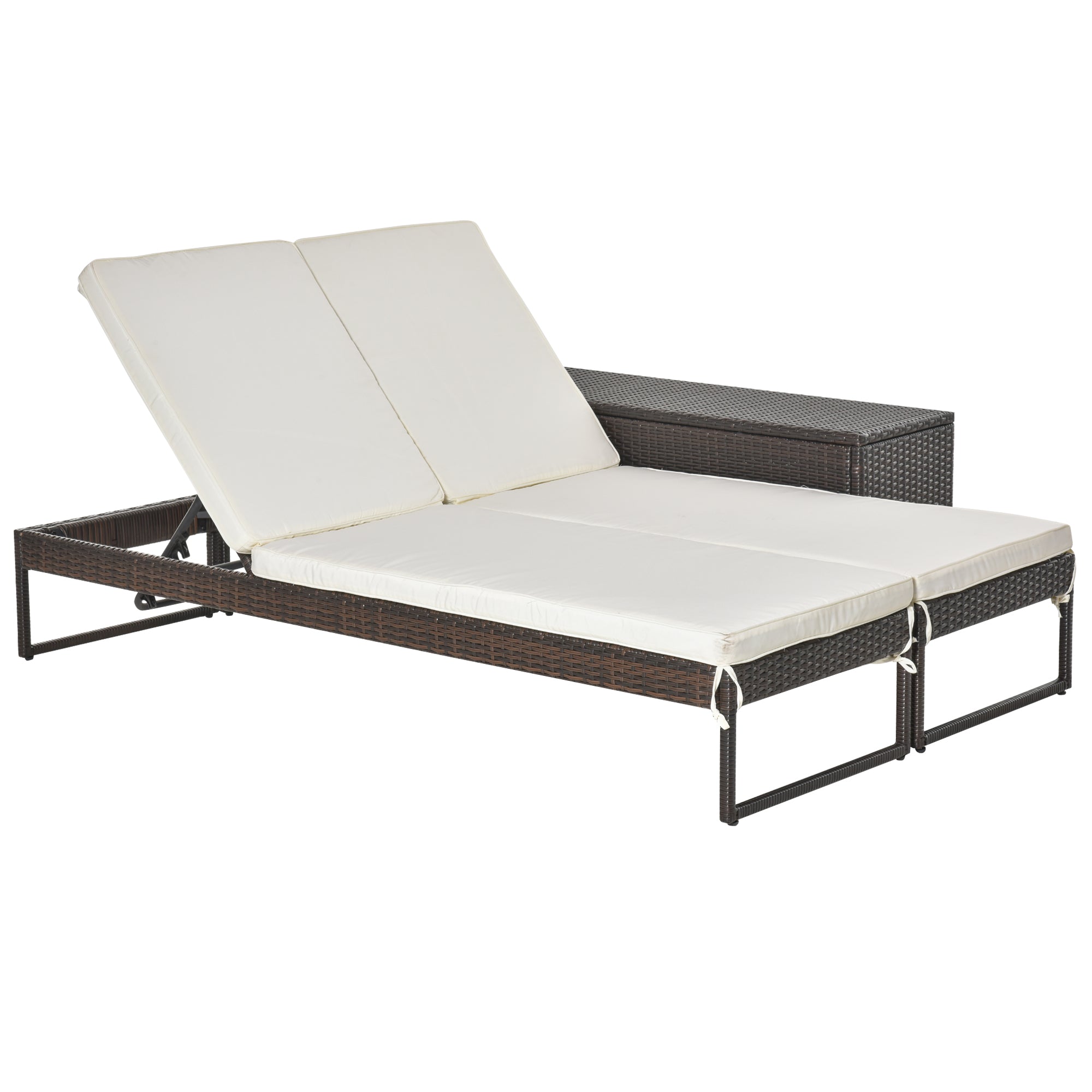Outsunny Conjunto de 2 Tumbonas de Jardín con Cojines Acolchados Ratán con Mesa Auxiliar para Piscina o Terraza Carga 160 kg 195x60x86 cm Acero Marrón