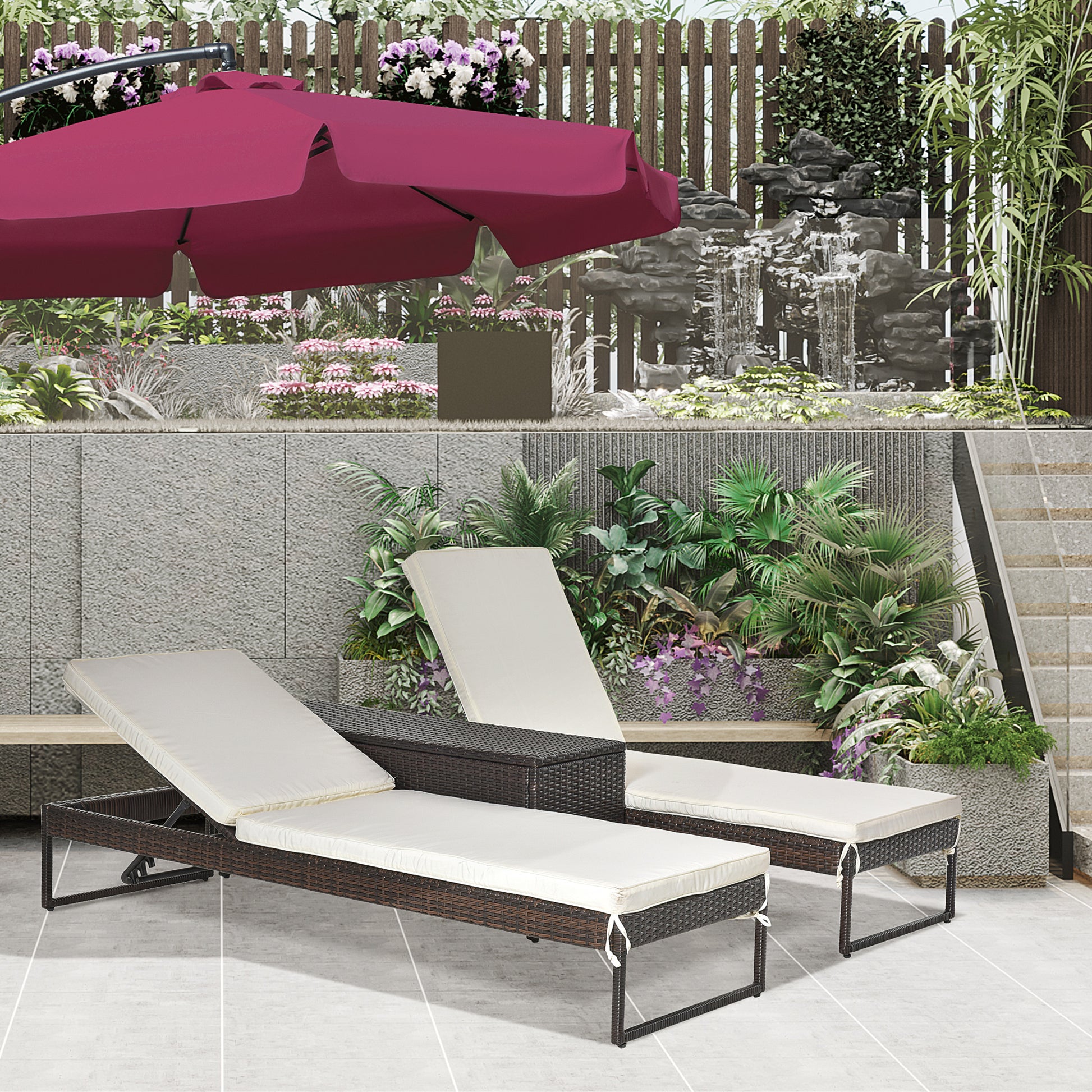 Outsunny Conjunto de 2 Tumbonas de Jardín con Cojines Acolchados Ratán con Mesa Auxiliar para Piscina o Terraza Carga 160 kg 195x60x86 cm Acero Marrón