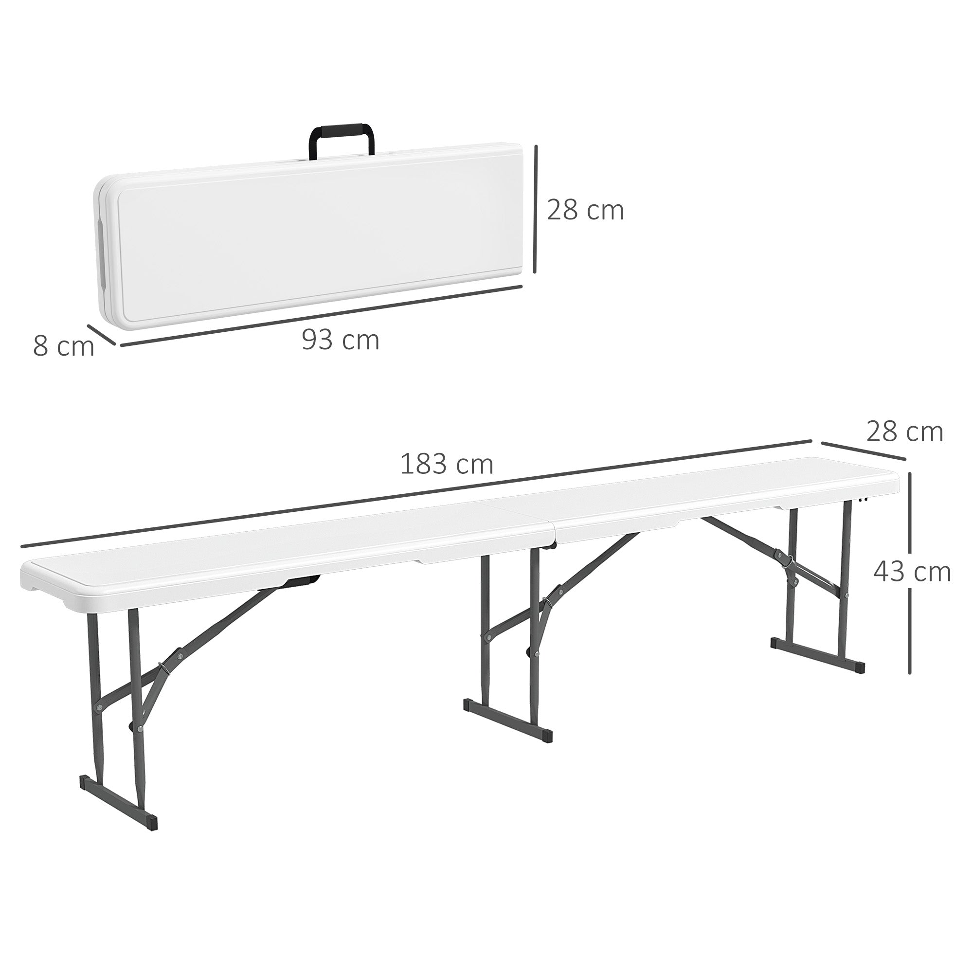 Outsunny Banco de Jardín Plegable Banco Exterior de 3 Plazas con Marco de Acero Carga 360 kg para Patio Terraza Balcón Camping 183x28x43 cm Blanco
