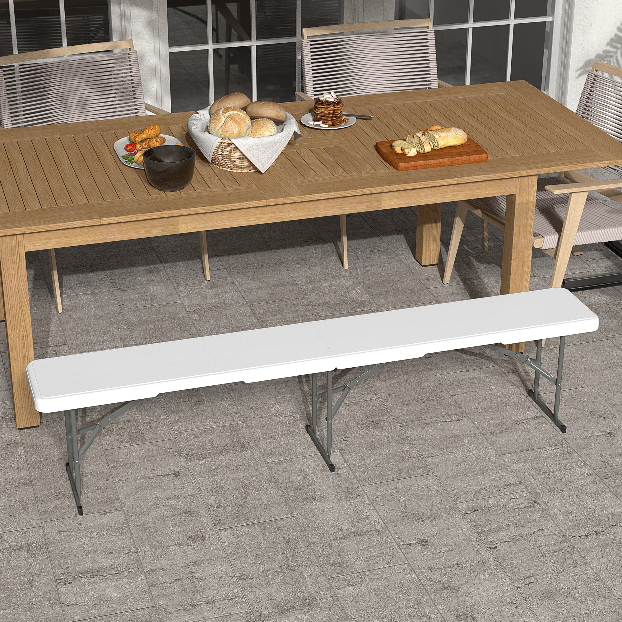 Outsunny Banco de Jardín Plegable Banco Exterior de 3 Plazas con Marco de Acero Carga 360 kg para Patio Terraza Balcón Camping 183x28x43 cm Blanco