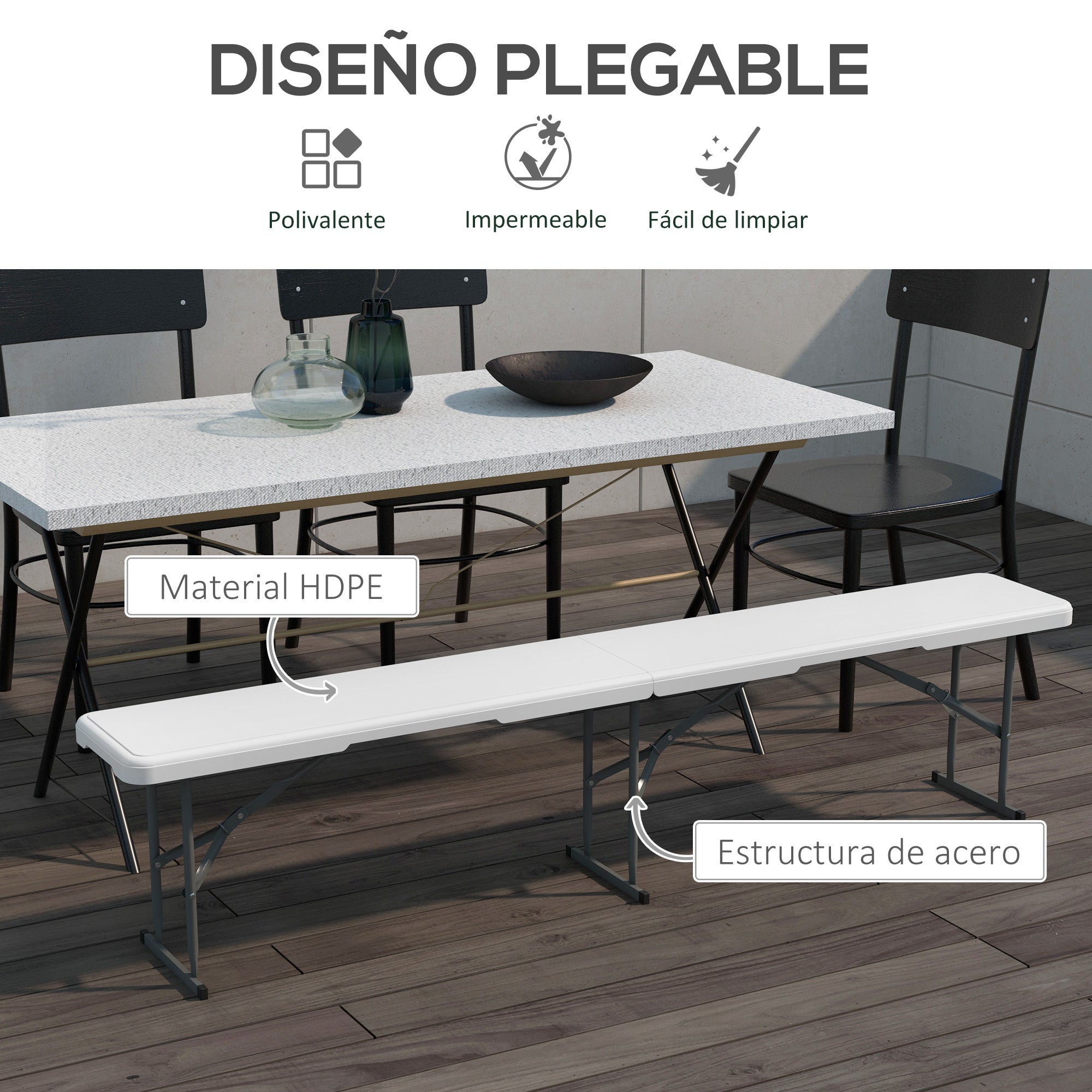 Outsunny Banco de Jardín Plegable Banco Exterior de 3 Plazas con Marco de Acero Carga 360 kg para Patio Terraza Balcón Camping 183x28x43 cm Blanco