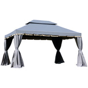 Outsunny Cenador de Jardín 4x3 m, Pabellón de Jardín Gazebo con Doble Techo, 4 Cortinas y Mosquitera, Marco de Aluminio, Orificios de Drenaje, UPF50+, Carpa para Exterior, Terraza, Patio, Gris