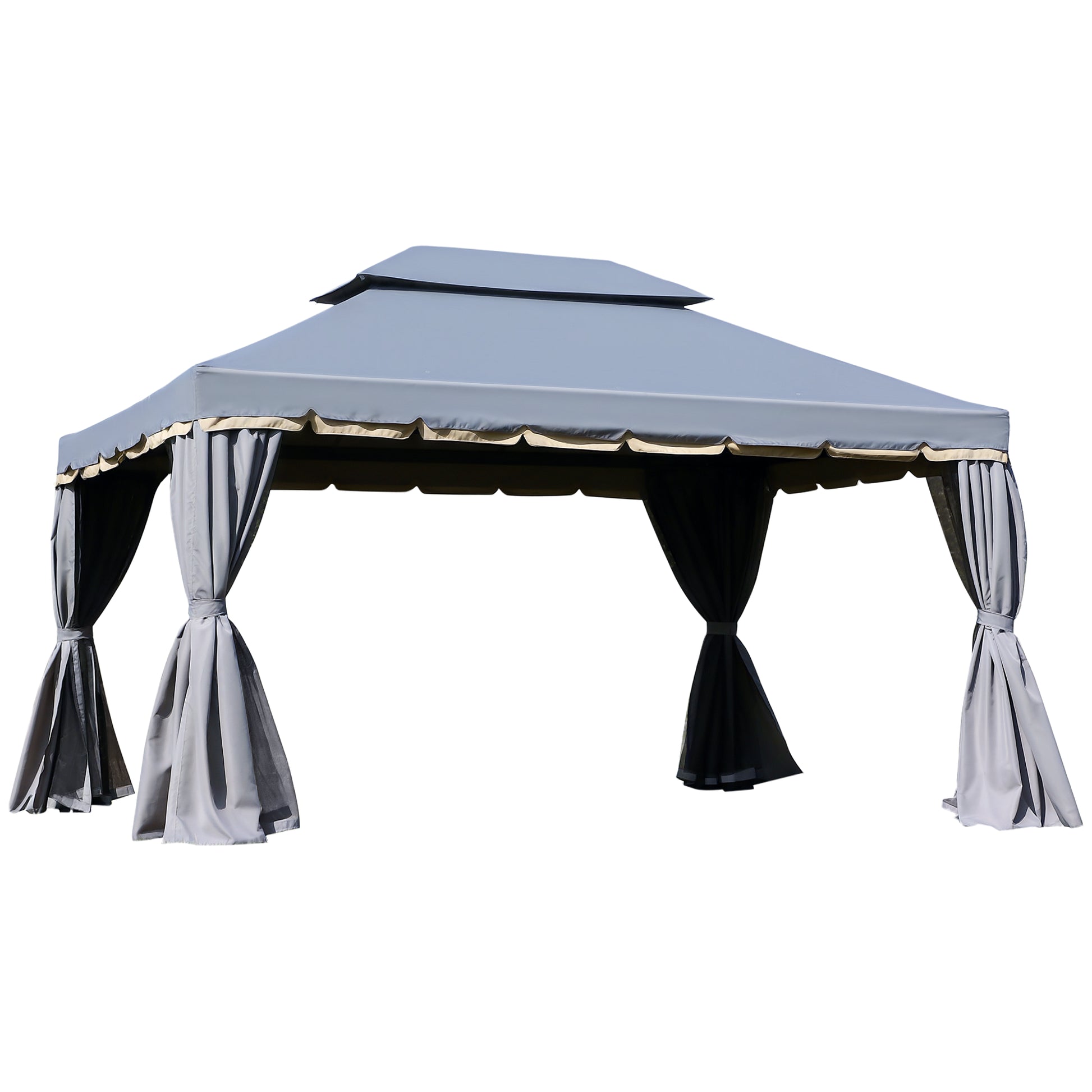 Outsunny Cenador de Jardín 4x3 m, Pabellón de Jardín Gazebo con Doble Techo, 4 Cortinas y Mosquitera, Marco de Aluminio, Orificios de Drenaje, UPF50+, Carpa para Exterior, Terraza, Patio, Gris