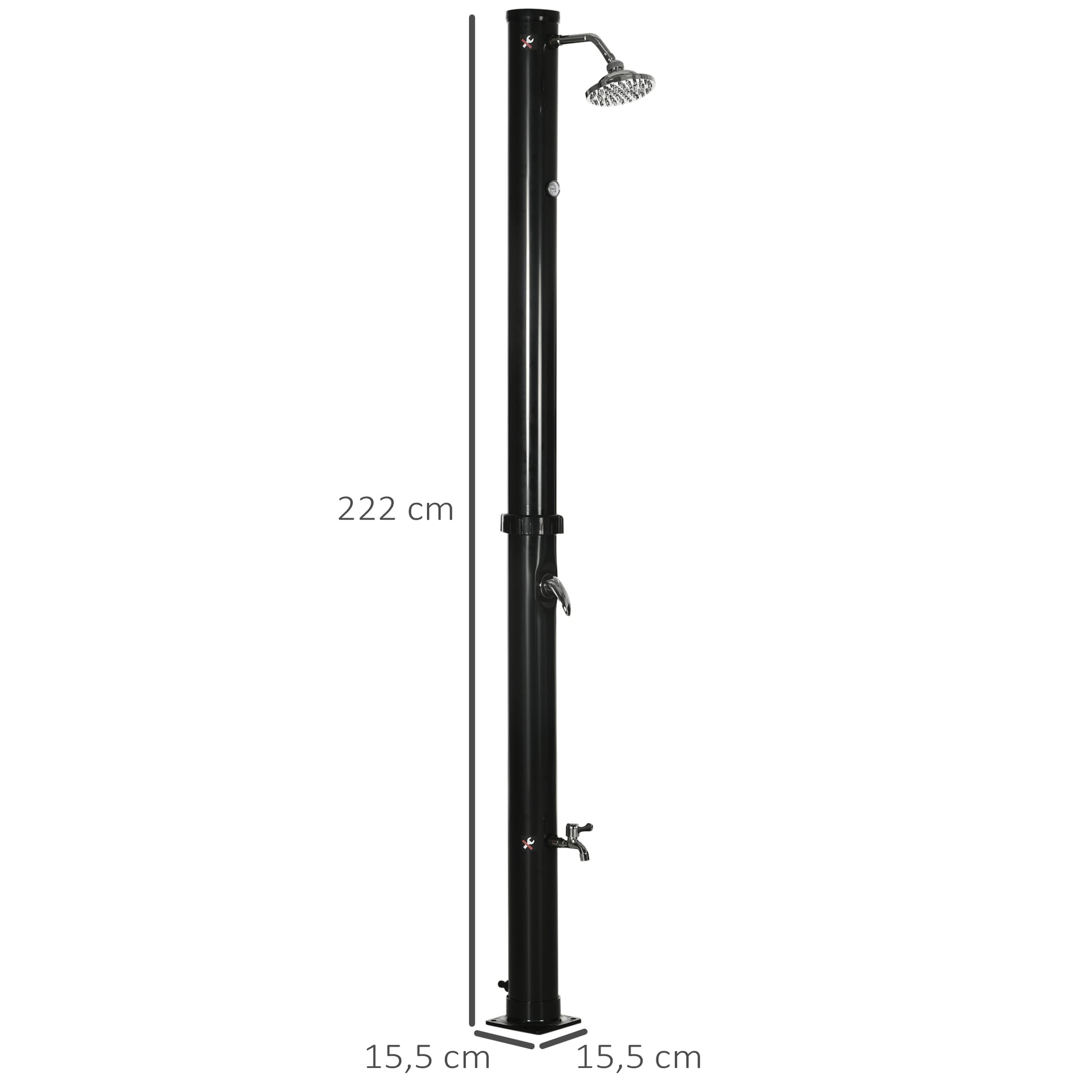 Outsunny Ducha Solar de Jardín 20L Ducha Exterior con Cabezal de Ducha Redondo Grifo Agua Caliente Máx. 60℃ y Ducha para Pies para Piscina Patio Playa 15,5x15,5x222 cm Negro