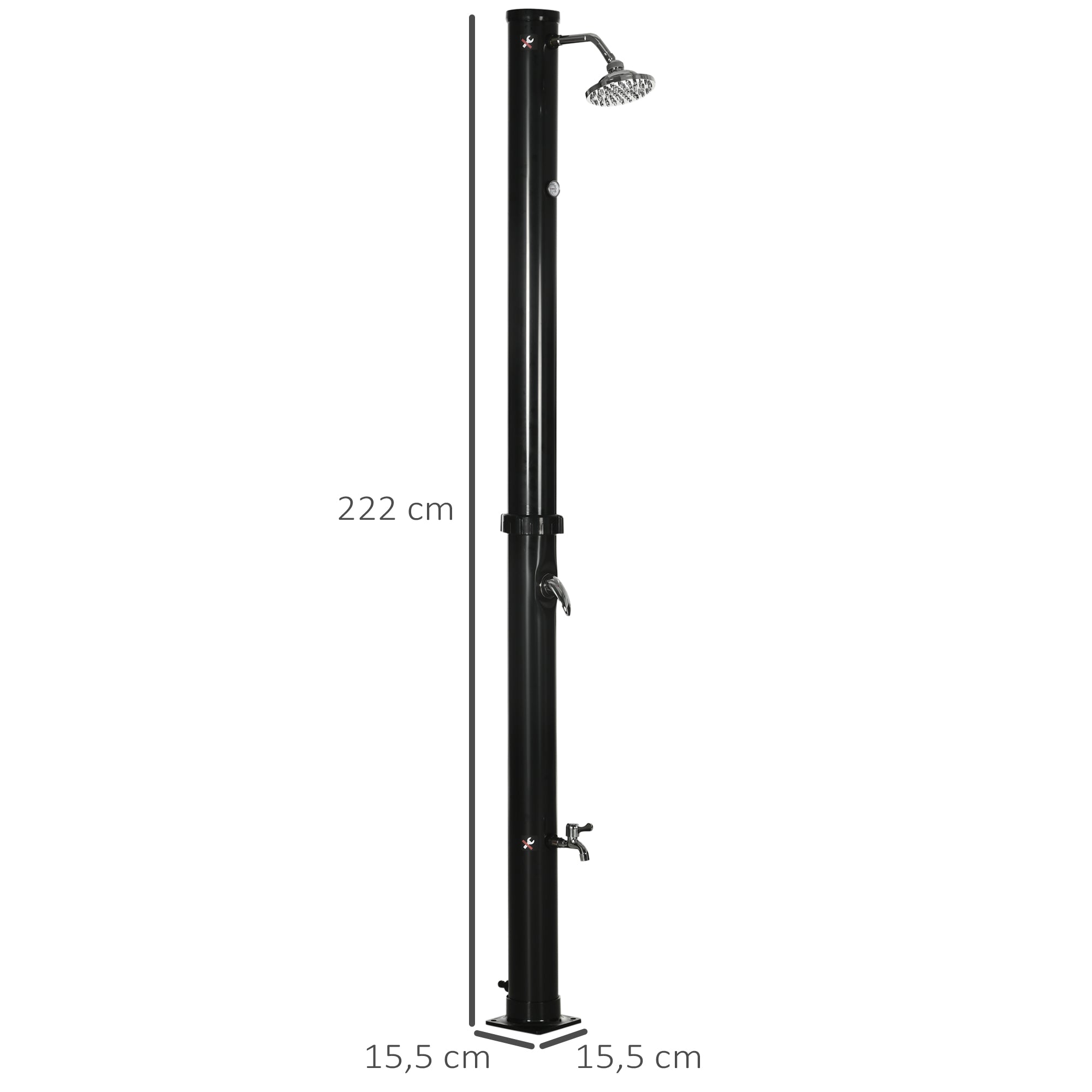 Outsunny Ducha Solar de Jardín 20L Ducha Exterior con Cabezal de Ducha Redondo Grifo Agua Caliente Máx. 60℃ y Ducha para Pies para Piscina Patio Playa 15,5x15,5x222 cm Negro