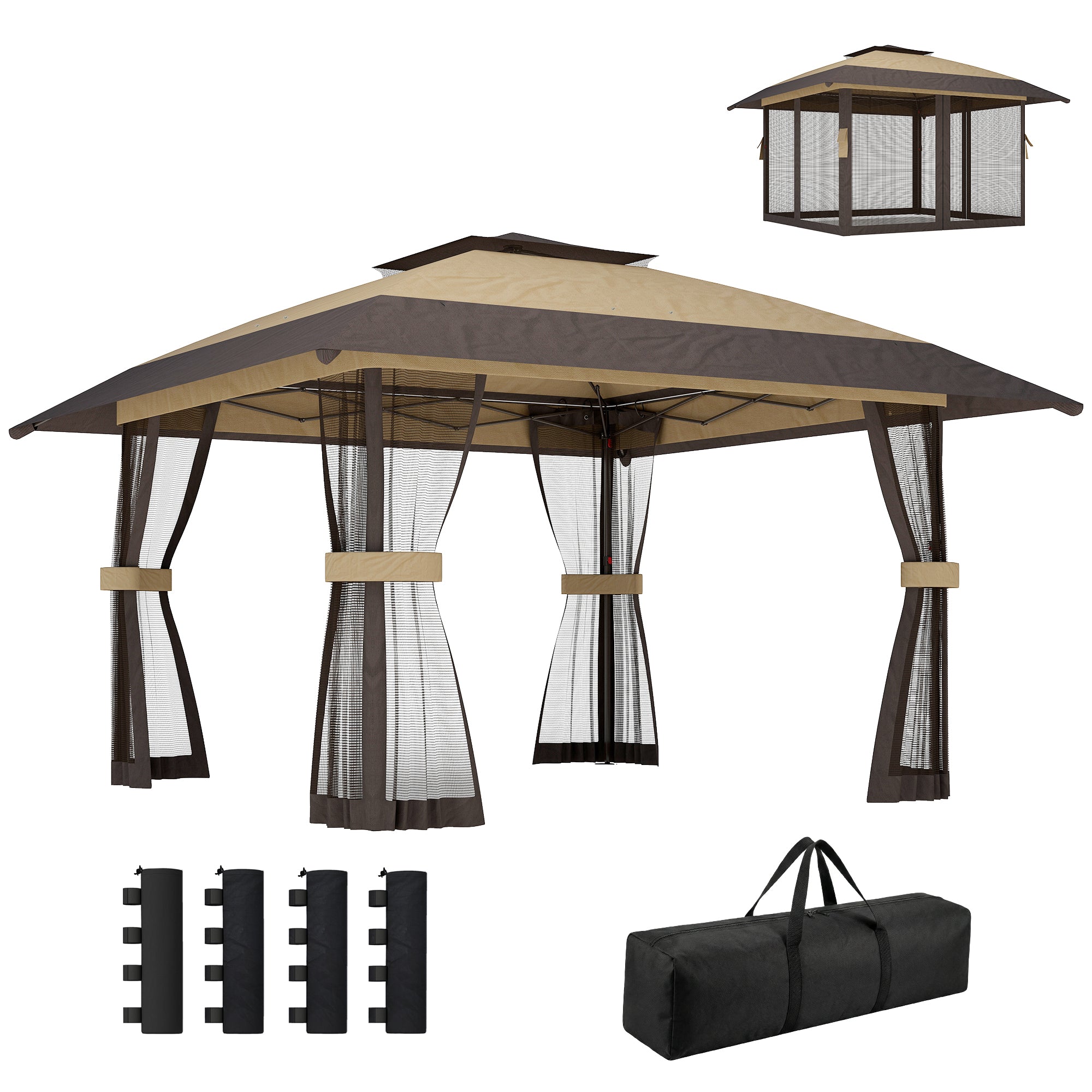 Outsunny Carpa Plegable 4x4 m, Pop-up, con Doble Techo, 4 Paredes Laterales de Malla, Cenador de Jardín con Altura Ajustable 3 Niveles, Bolsa de Transporte, UPF30+, Gazebo para Camping, Fiestas, Caqui