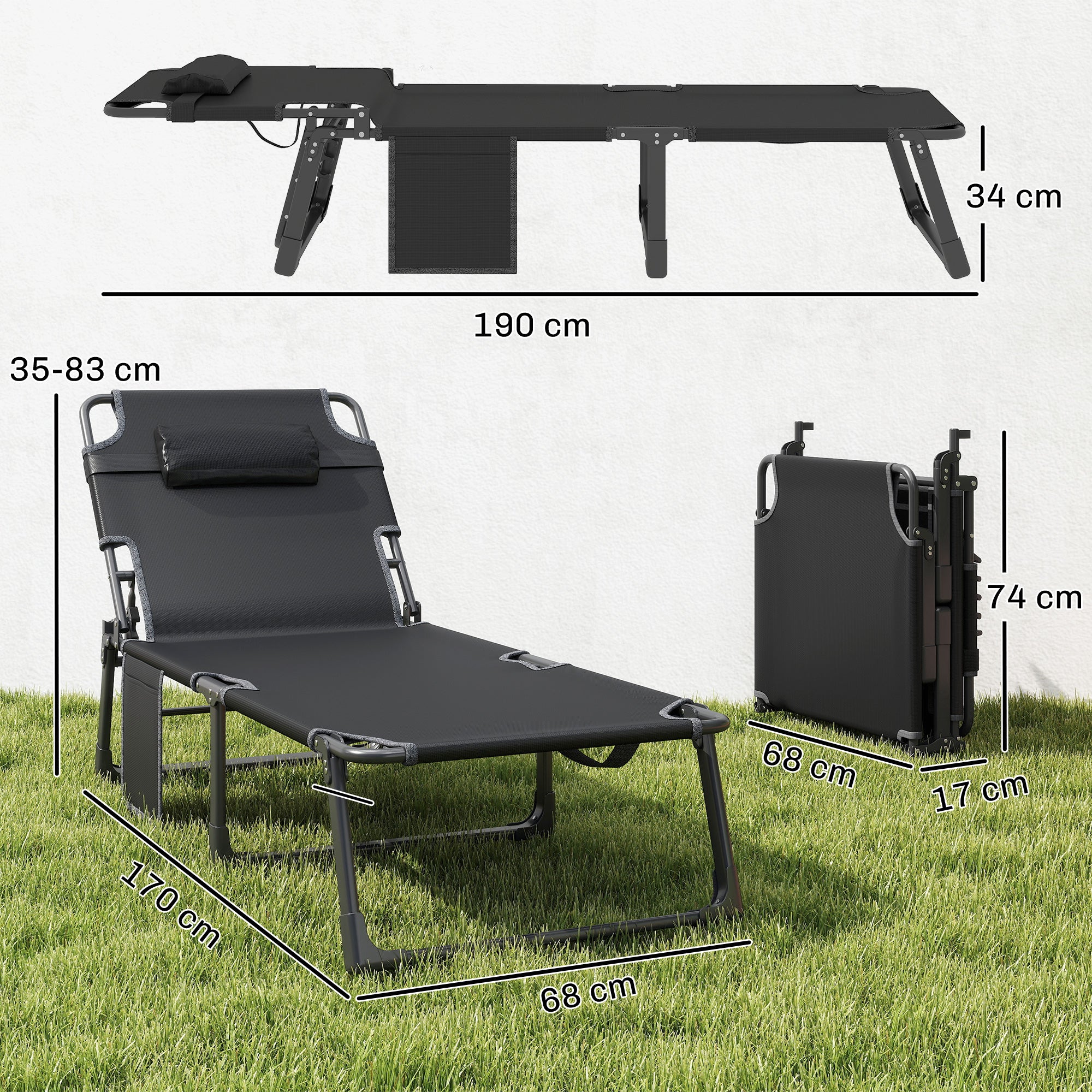 Outsunny Set de 2 Tumbonas Jardín Exterior, Tumbonas Plegables con Cojines, Respaldo Reclinable 5 Posiciones, Asiento Extra Ancho de Textilene, Bolsillo Lateral y Reposacabezas para Playa, Gris Oscuro