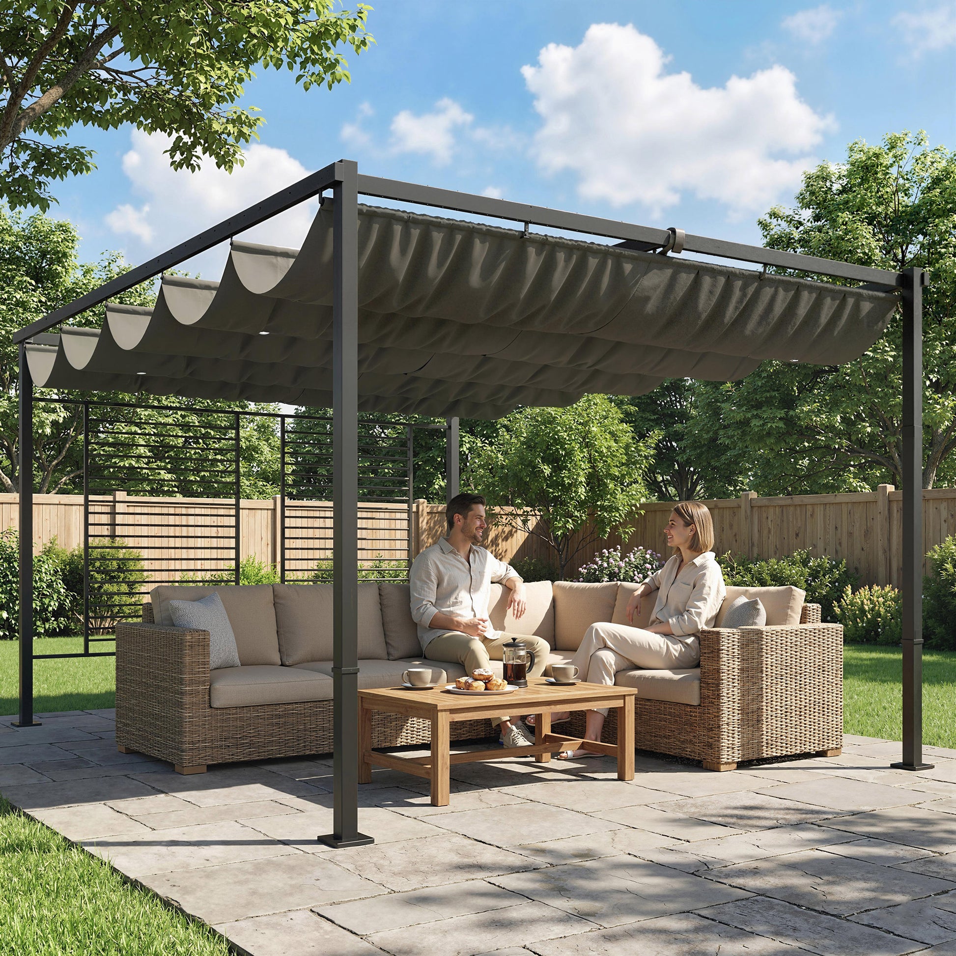 Outsunny Pérgola de Jardín 4x3 m con Techo Retráctil y 2 Paneles de Privacidad Fijos, Cenador de Jardín con Protección UPF50+, Drenaje, Estructura Metálica, Pabellón para Exterior, Gris Oscuro