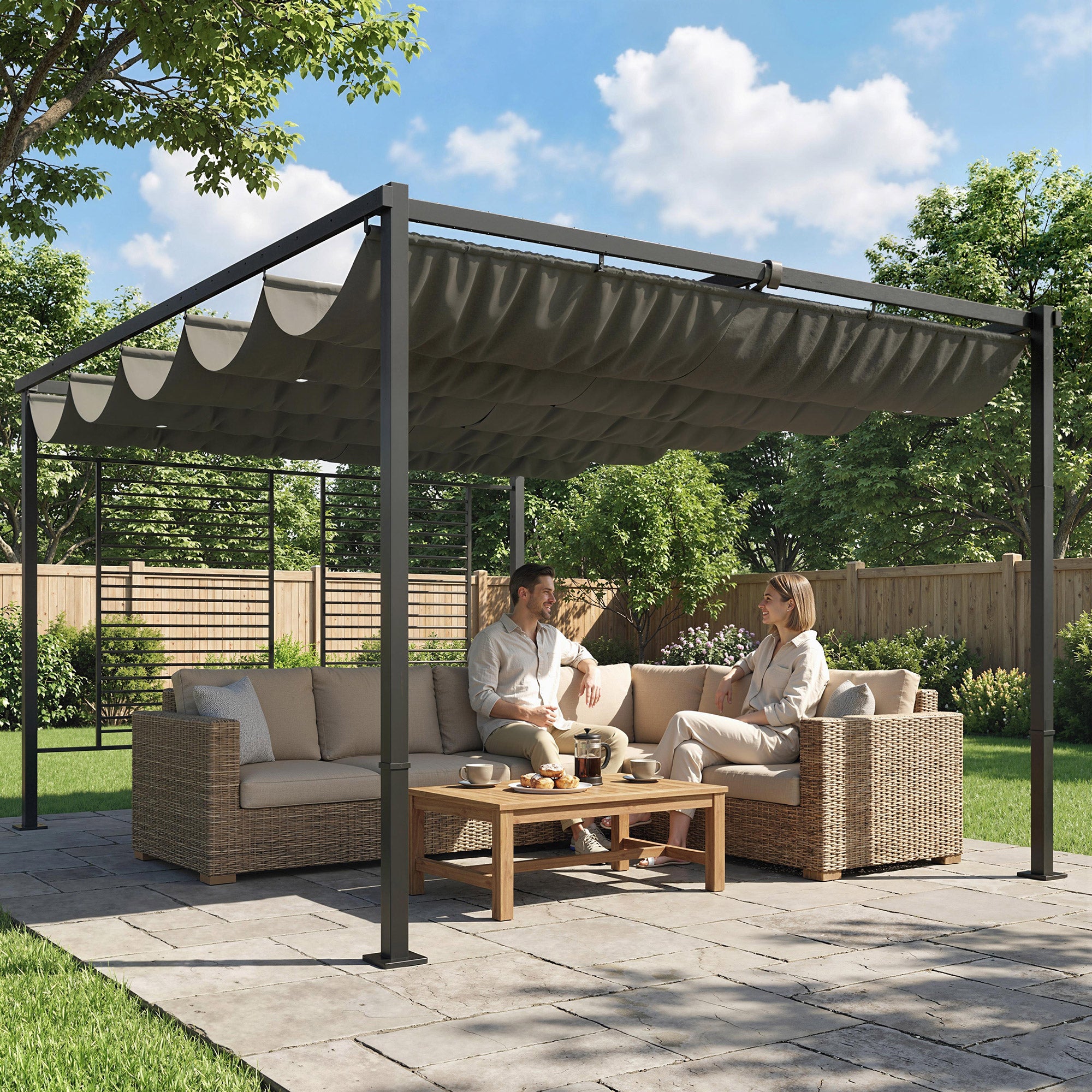 Outsunny Pérgola de Jardín 4x3 m con Techo Retráctil y 2 Paneles de Privacidad Fijos, Cenador de Jardín con Protección UPF50+, Drenaje, Estructura Metálica, Pabellón para Exterior, Gris Oscuro
