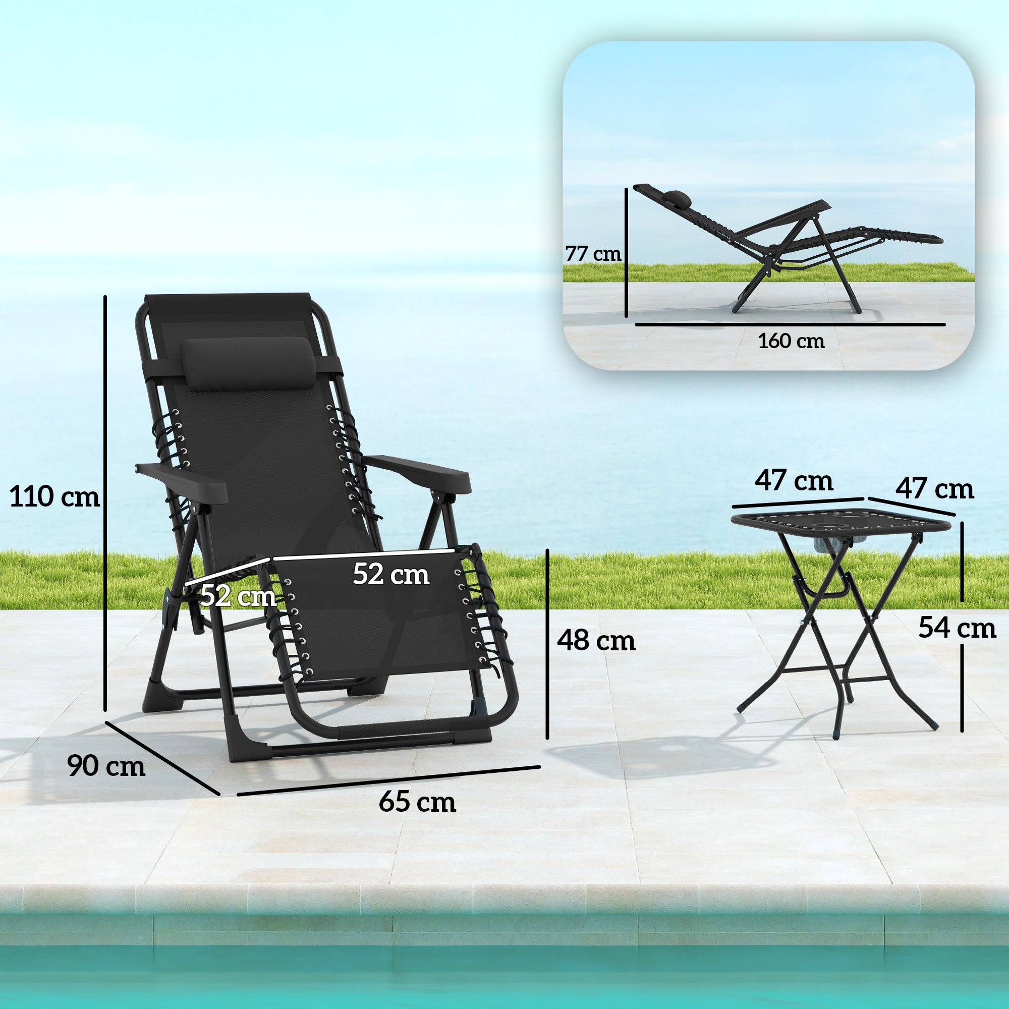 Outsunny Set de 2 Tumbonas Jardín Exterior Plegables con Mesa Auxiliar Portavasos Tumbonas de Gravedad Cero con Respaldo Ajustable Reposabrazos Extraíble para Patio Piscina Terraza Exterior Negro
