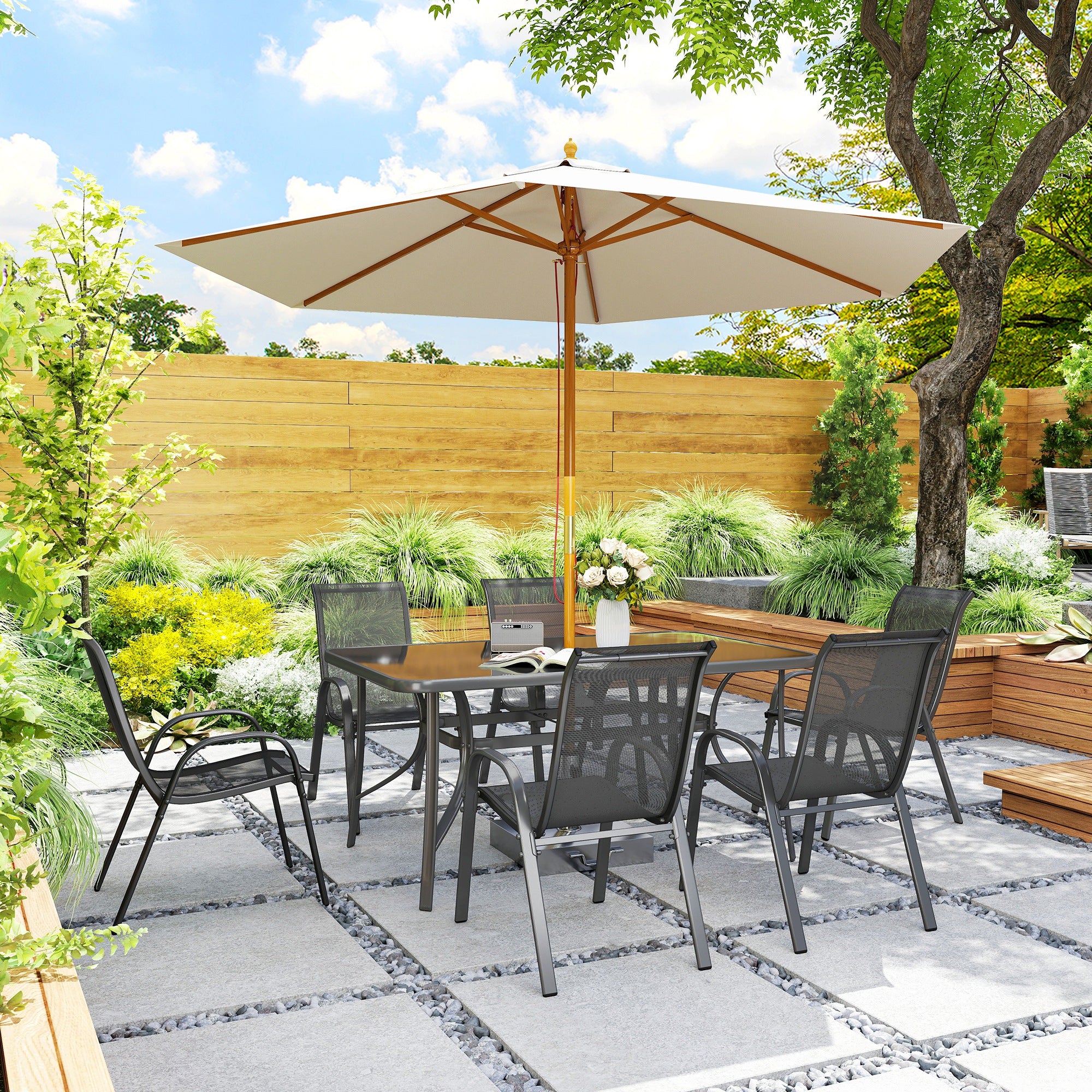 Outsunny Conjunto de Mesa y Sillas Jardín de 7 Piezas, Muebles de Jardín Exterior con Mesa y 6 Sillas para Terraza con Orificio para Sombrilla y Encimera de Cristal, para Terraza Patio, Gris Oscuro