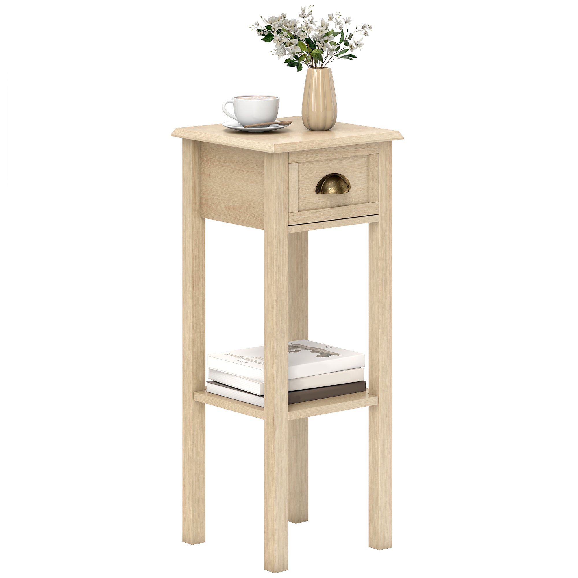 HOMCOM Mesa Auxiliar Rústica, Mesa Auxiliar para Sofá, con Cajón y Estante, Mesita de Noche para Salón, Dormitorio, 30x30x75 cm, Madera Natural