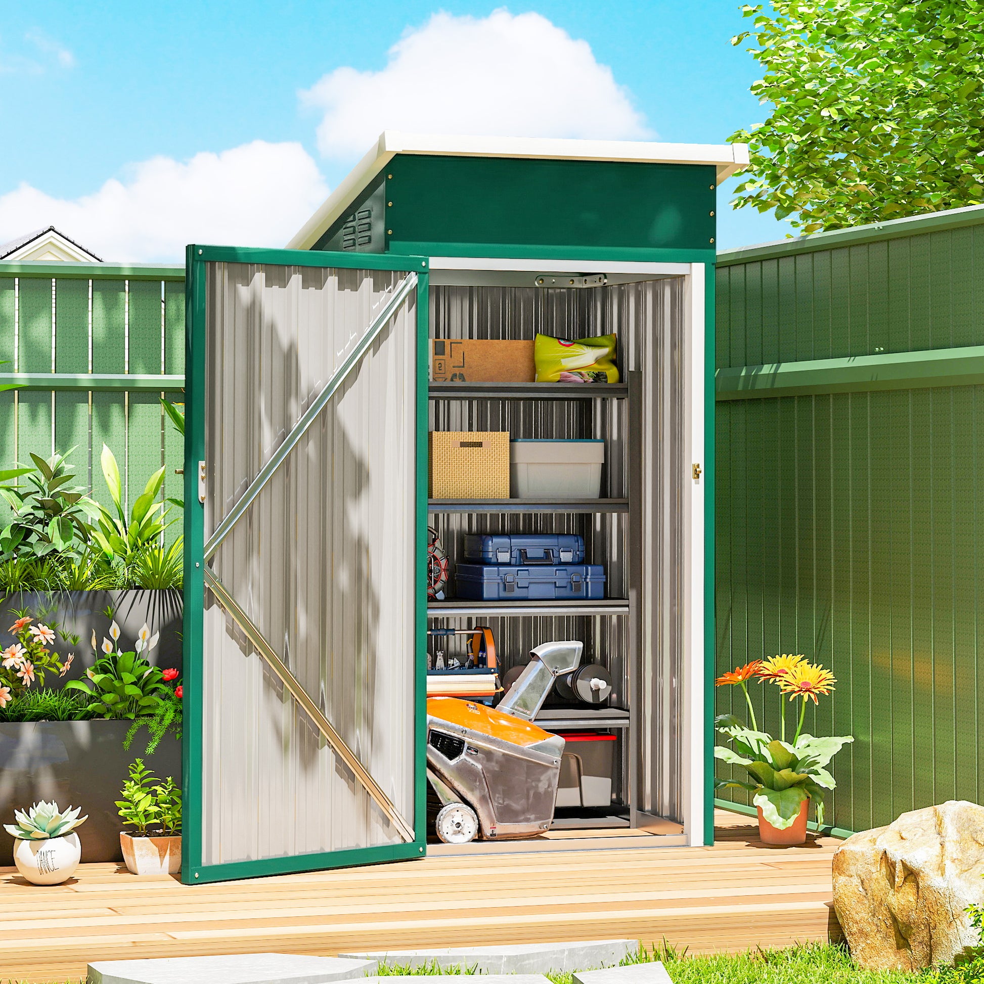 Outsunny Caseta de Jardín Exterior 0,74 m², 107,5x91x185 cm, Cobertizo de Jardín Exterior Metálico con Techo Inclinado, Puerta con Cerradura y Ventilaciones para Almacenamiento de Herramientas, Verde