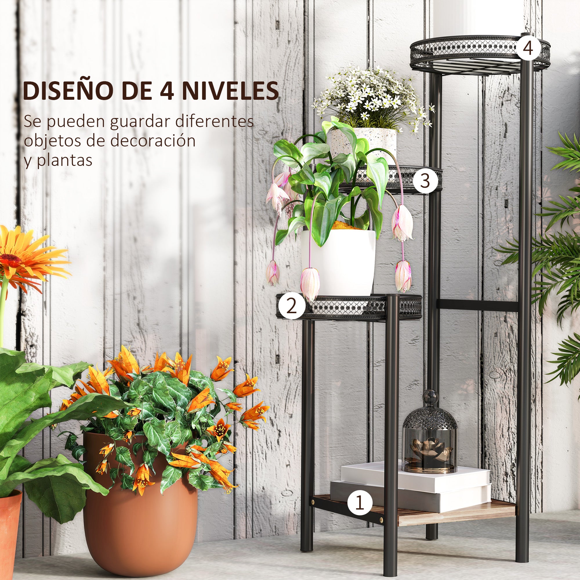 Outsunny Soporte para Plantas de 4 Niveles Estantería para Plantas para Esquina Soporte de Acero Soporte para Macetas Interior y Exterior 25x25x80 cm Negro