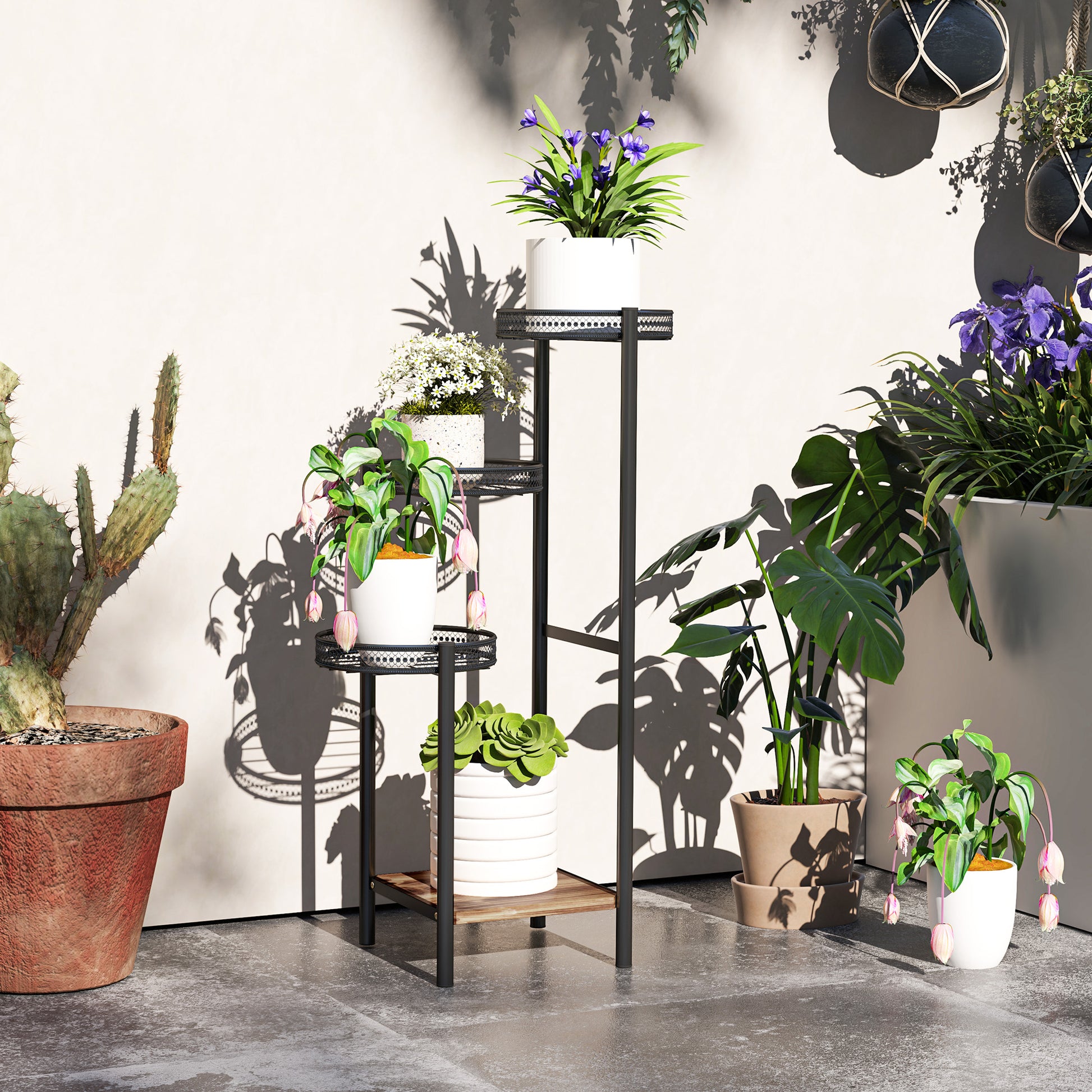 Outsunny Soporte para Plantas de 4 Niveles Estantería para Plantas para Esquina Soporte de Acero Soporte para Macetas Interior y Exterior 25x25x80 cm Negro