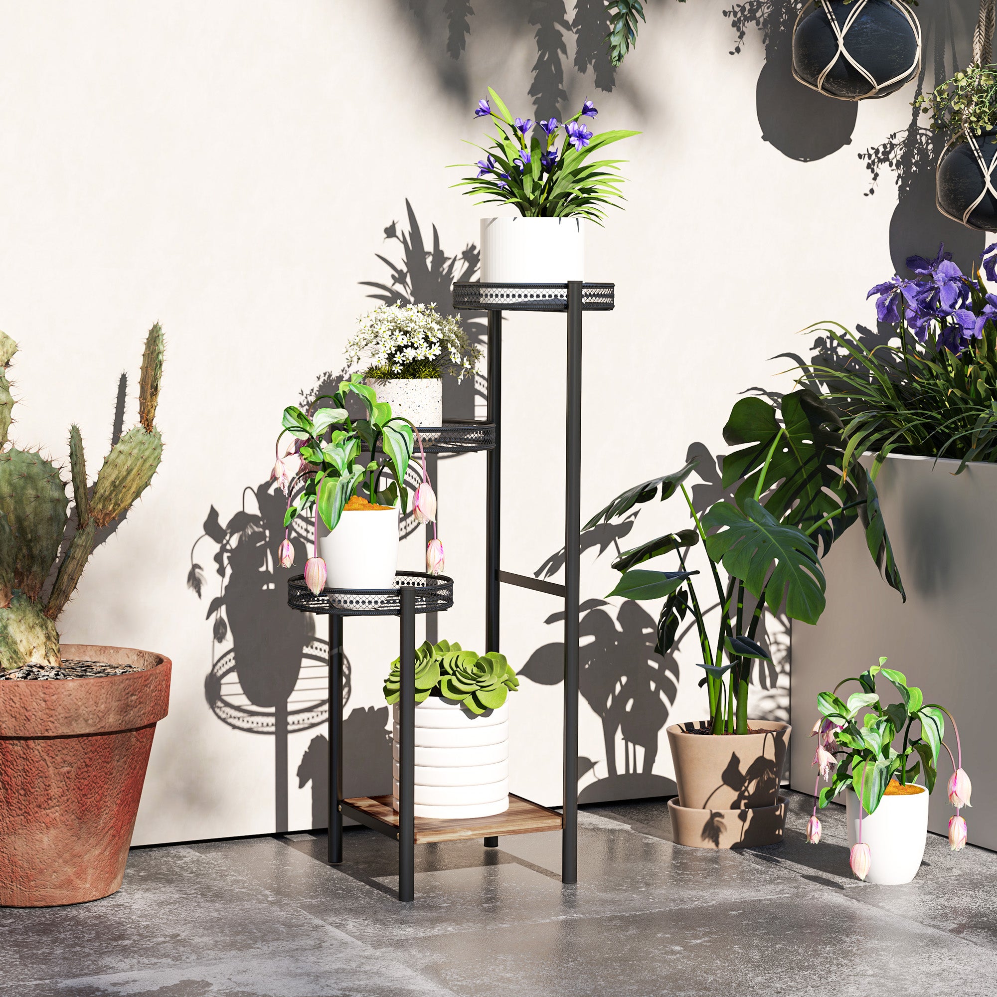 Outsunny Soporte para Plantas de 4 Niveles Estantería para Plantas para Esquina Soporte de Acero Soporte para Macetas Interior y Exterior 25x25x80 cm Negro