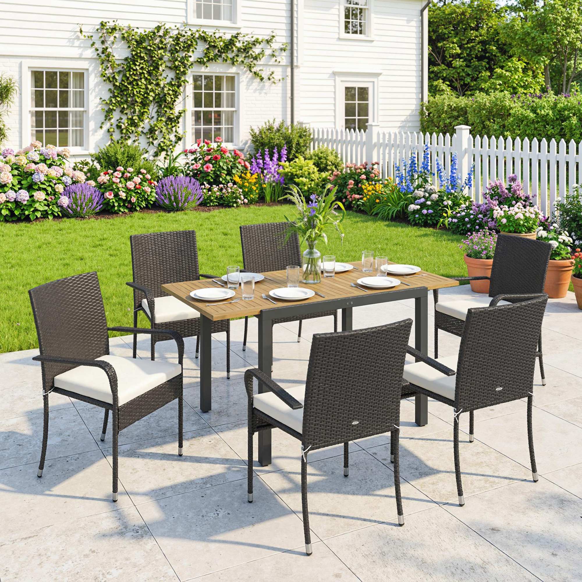 Outsunny Conjunto de Mesa y Sillas Jardín de Ratán de 7 Piezas, Muebles Jardín Exterior con Mesa Extensible 100-150 cm Tablero Madera y 6 Sillas Apilables con Cojines Extraíbles, Marco de Acero, Crema