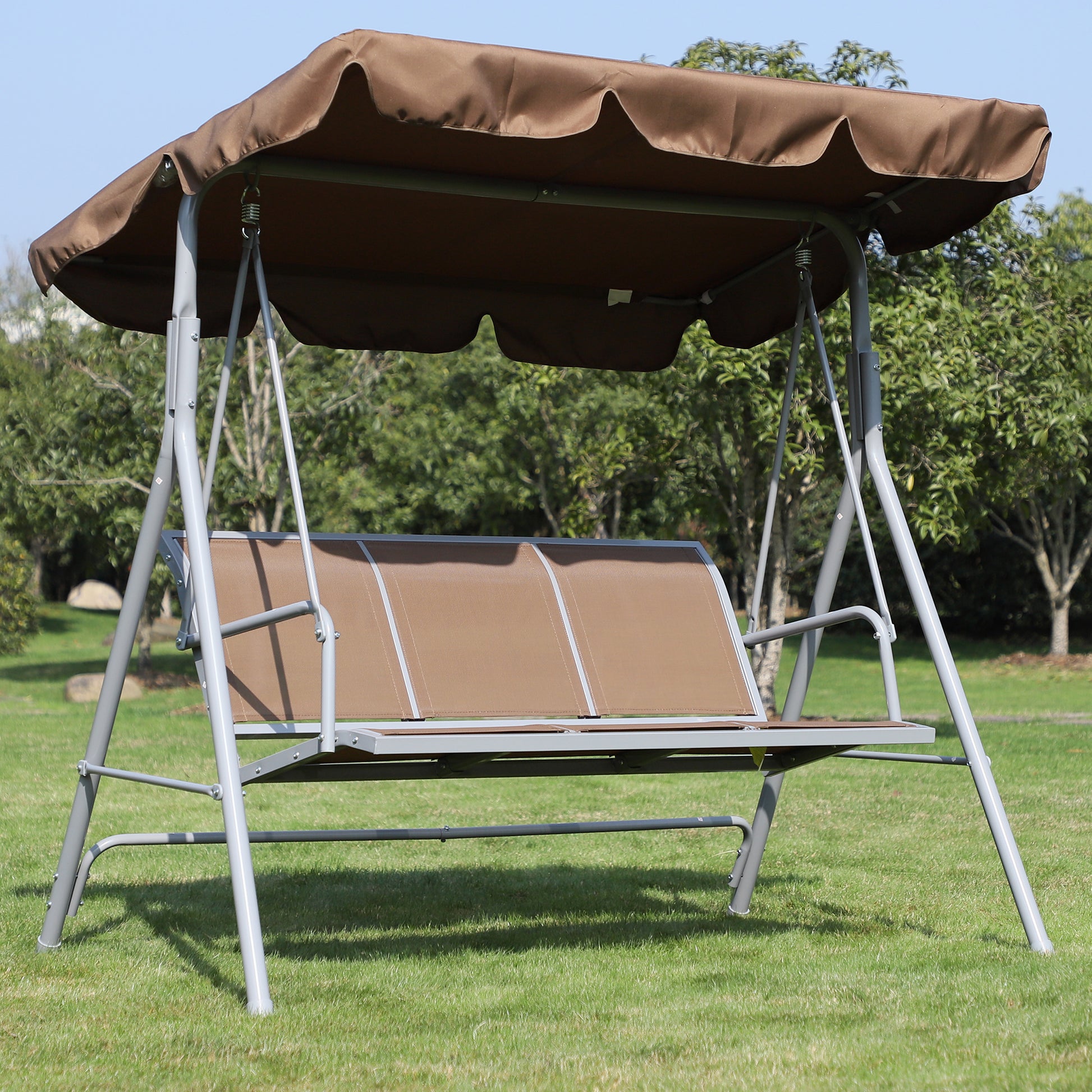 Outsunny Balancín Jardín Exterior Columpio Exterior de 3 Plazas con Toldo Ajustable Respaldo Transpirable y Marco de Metal para Terraza Balcón Carga 240 kg 171x108x154 cm Marrón