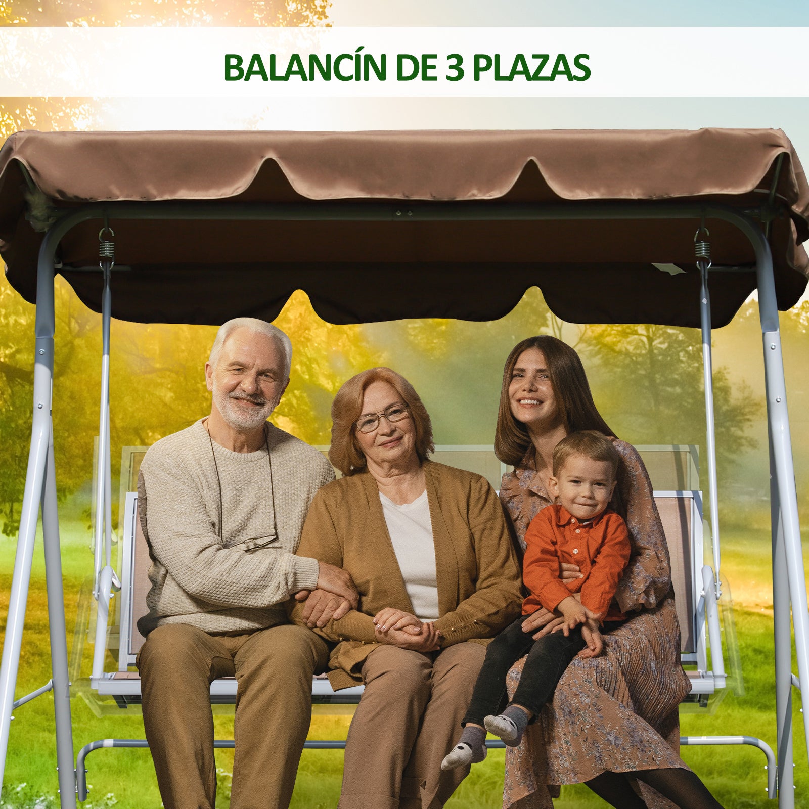 Outsunny Balancín Jardín Exterior Columpio Exterior de 3 Plazas con Toldo Ajustable Respaldo Transpirable y Marco de Metal para Terraza Balcón Carga 240 kg 171x108x154 cm Marrón