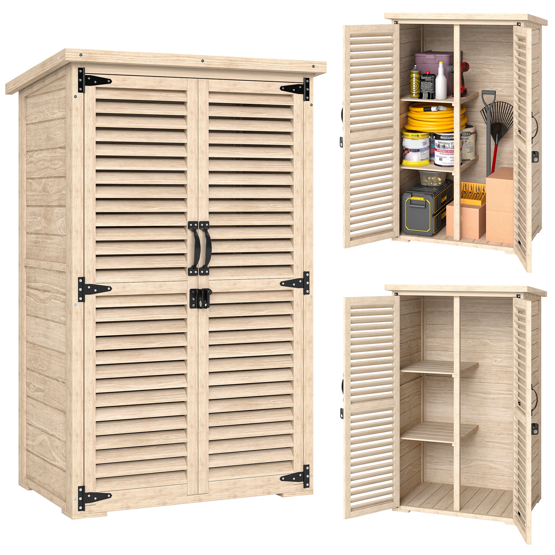 Outsunny Caseta de Jardín de Madera, 75x50x118 cm, Cobertizo Jardín Exterior, Armario para Almacenaje Herramientas, con 2 Puertas de Persiana 2 Estantes y Techo Impermeable para Patio Terraza, Natural