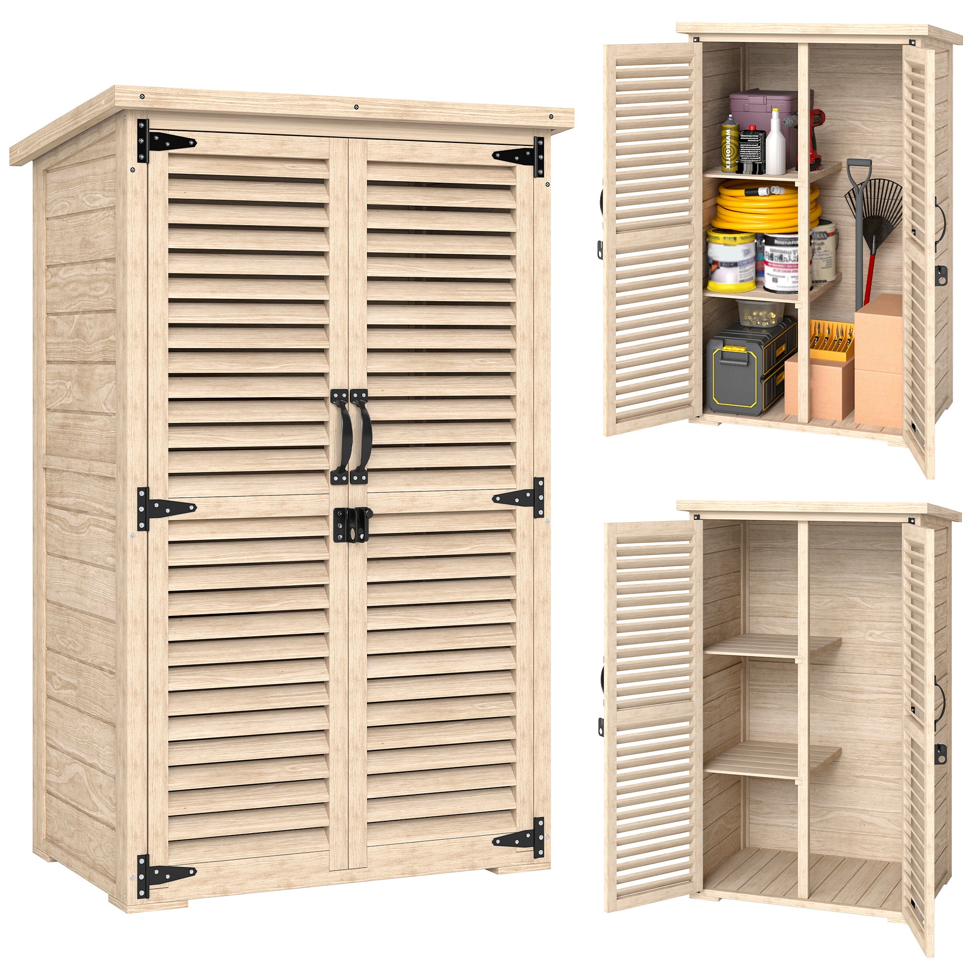 Outsunny Caseta de Jardín de Madera, 75x50x118 cm, Cobertizo Jardín Exterior, Armario para Almacenaje Herramientas, con 2 Puertas de Persiana 2 Estantes y Techo Impermeable para Patio Terraza, Natural