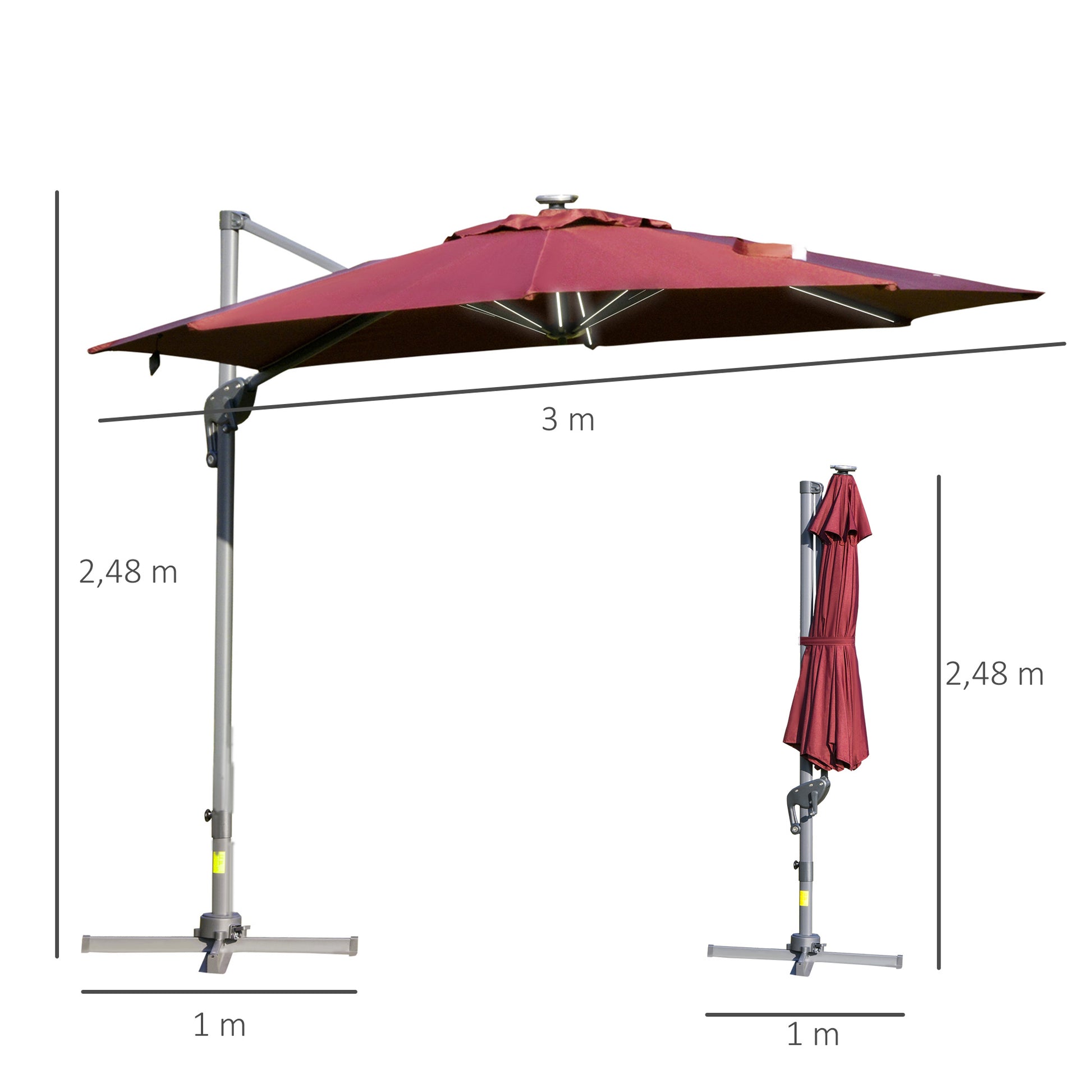 Outsunny Sombrilla de Jardín Ø3 m Sombrilla de Terraza de Aluminio con Luces LED Panel Solar Techo Reclinable Protección UV 50+ Giratorio 360° Manivela Base Cruzada Rojo