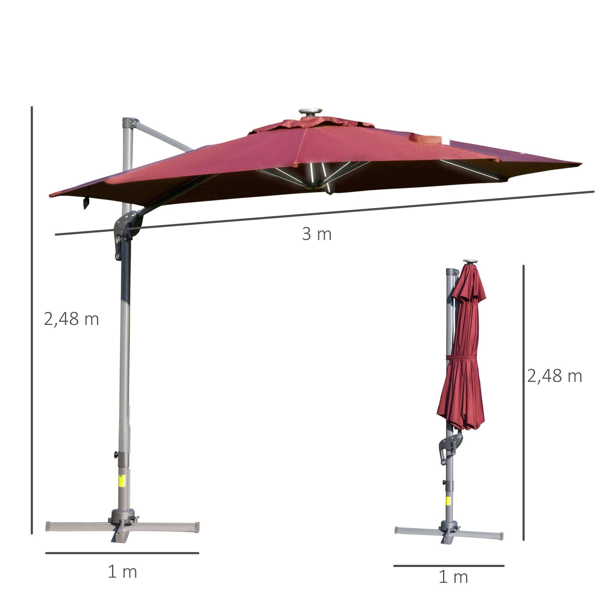 Outsunny Sombrilla de Jardín Ø3 m Sombrilla de Terraza de Aluminio con Luces LED Panel Solar Techo Reclinable Protección UV 50+ Giratorio 360° Manivela Base Cruzada Rojo