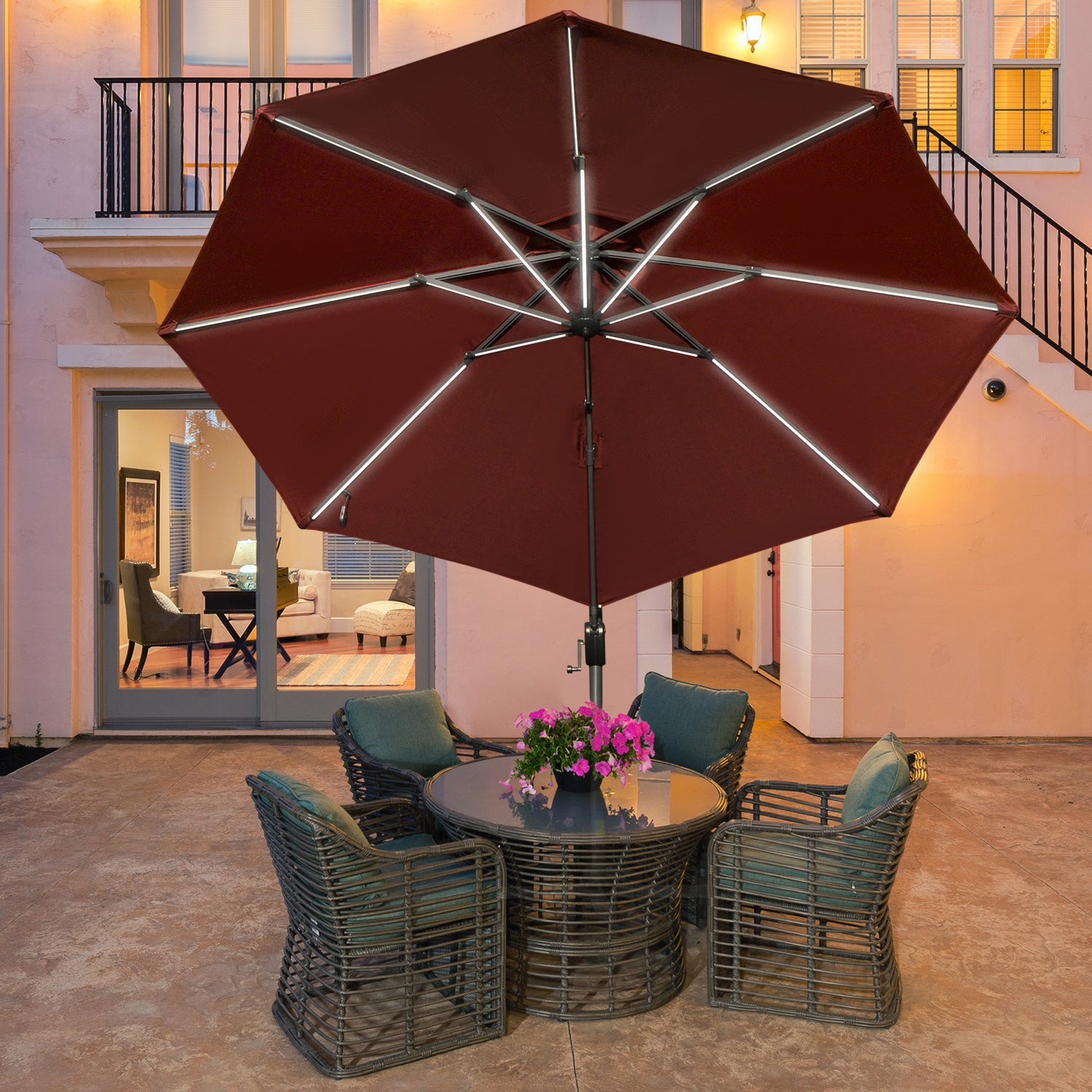 Outsunny Sombrilla de Jardín Ø3 m Sombrilla de Terraza de Aluminio con Luces LED Panel Solar Techo Reclinable Protección UV 50+ Giratorio 360° Manivela Base Cruzada Rojo