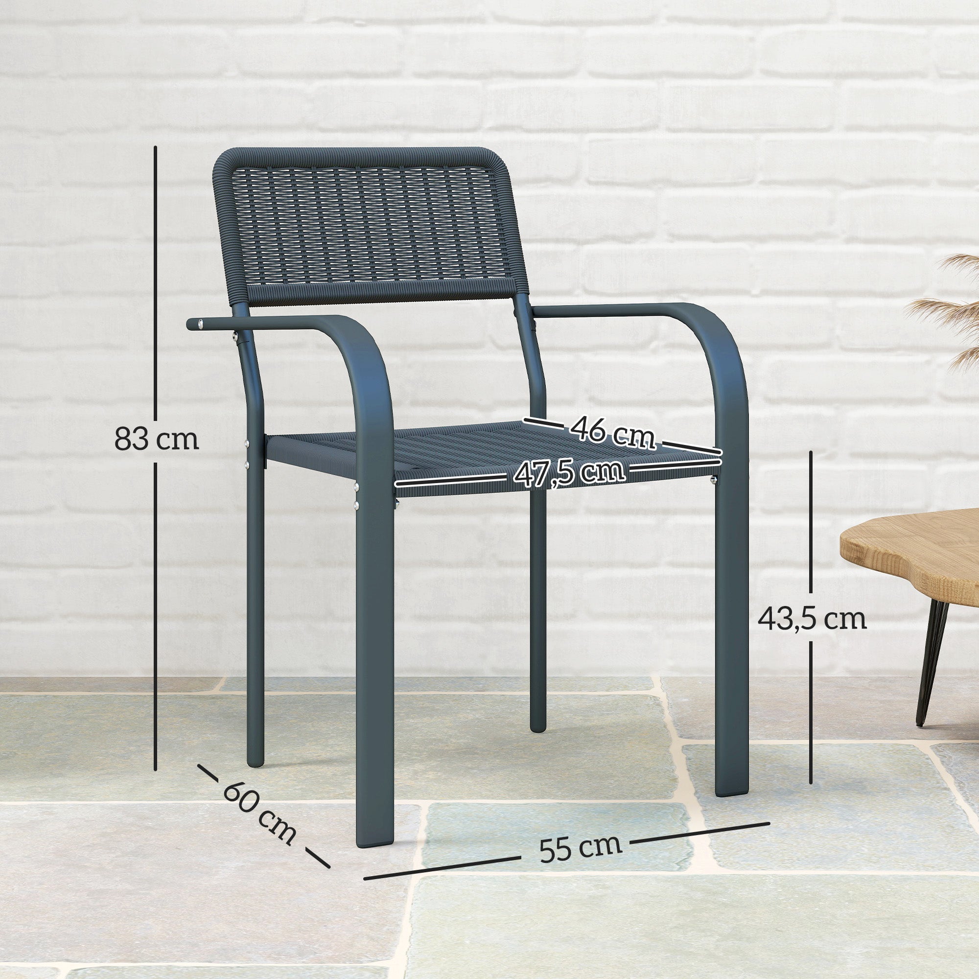 Outsunny Juego de 4 Sillas de Jardín Exterior Apilables, Sillas de Comedor Exterior Efecto Ratán, con Reposabrazos, Marco de Acero, Resistente a la Intemperie y Ligero, 55x60x83 cm, Gris Oscuro