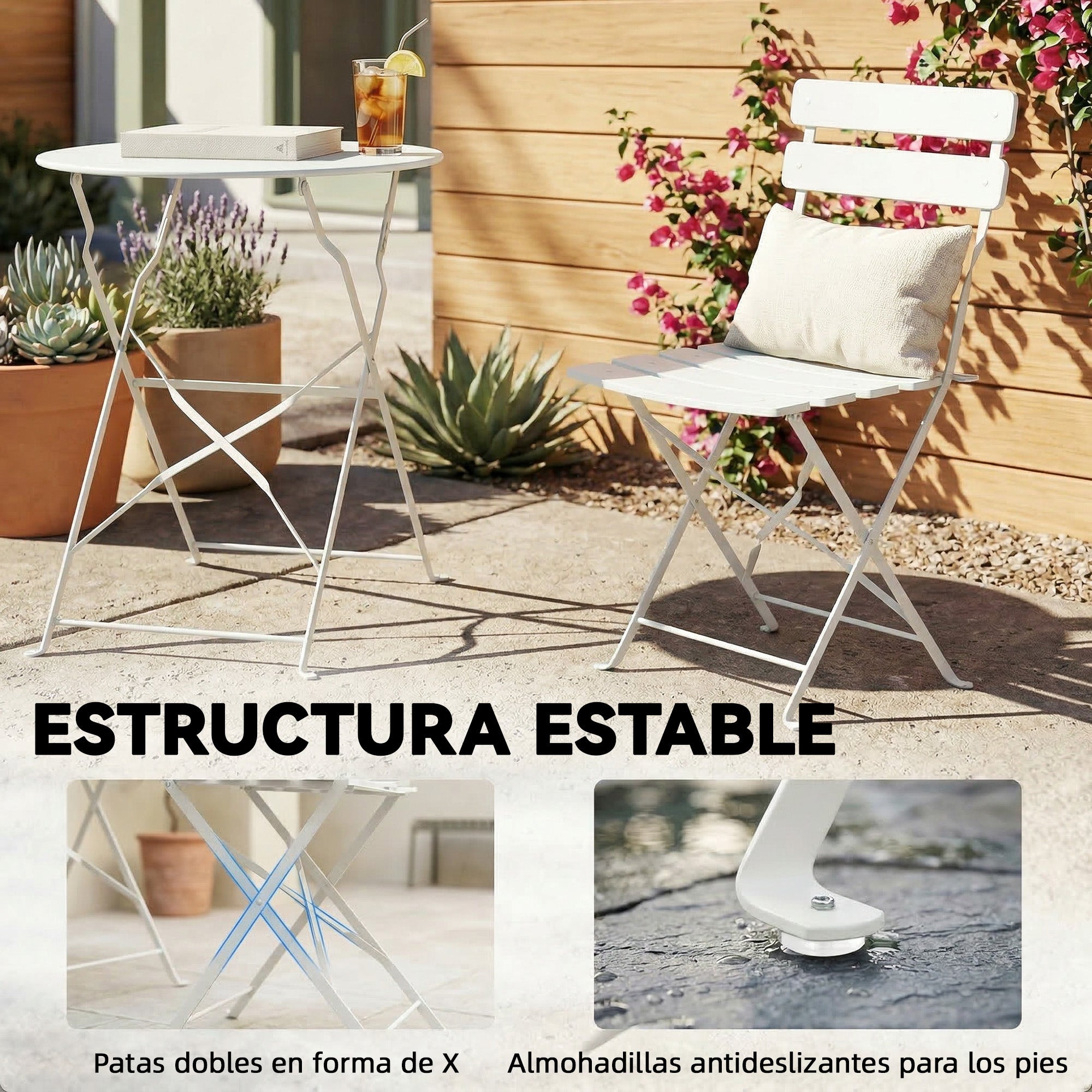 Outsunny Conjunto de Mesa y Sillas de Terraza Exterior Plegable 3 Piezas, Muebles de Jardín Exterior con 2 Sillas Plegables, Mesa Redonda, Estructura Metálica Electrofórica para Patio, Balcón, Crema