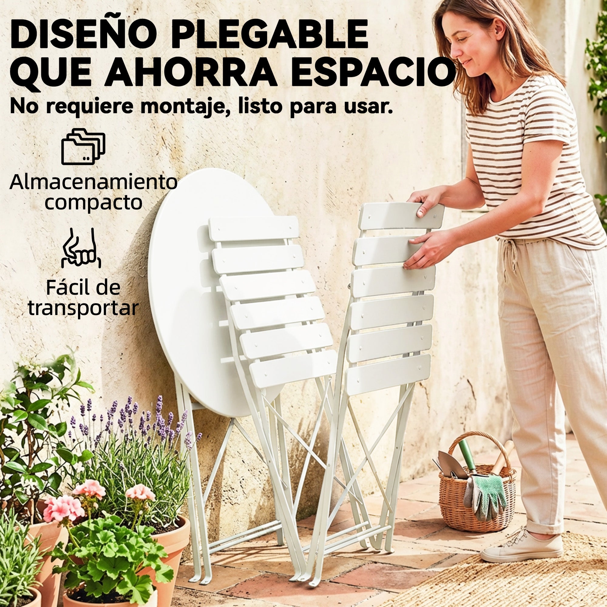 Outsunny Conjunto de Mesa y Sillas de Terraza Exterior Plegable 3 Piezas, Muebles de Jardín Exterior con 2 Sillas Plegables, Mesa Redonda, Estructura Metálica Electrofórica para Patio, Balcón, Crema