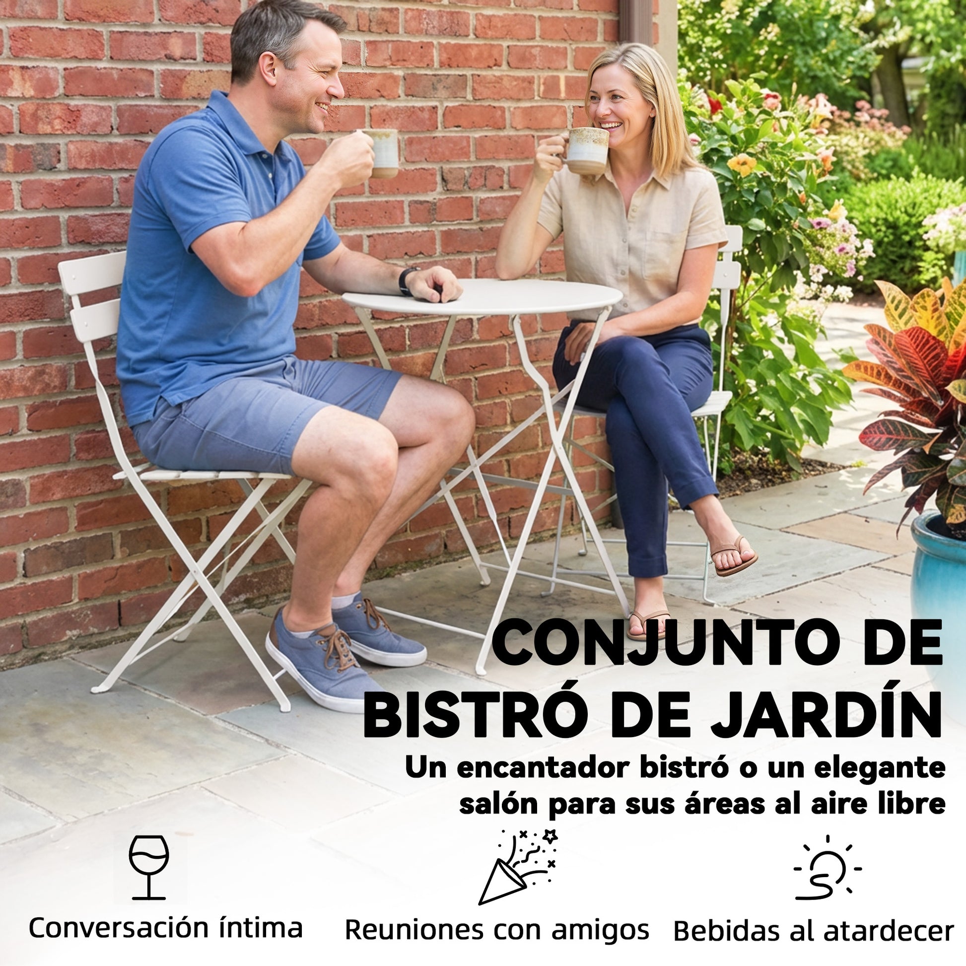 Outsunny Conjunto de Mesa y Sillas de Terraza Exterior Plegable 3 Piezas, Muebles de Jardín Exterior con 2 Sillas Plegables, Mesa Redonda, Estructura Metálica Electrofórica para Patio, Balcón, Crema