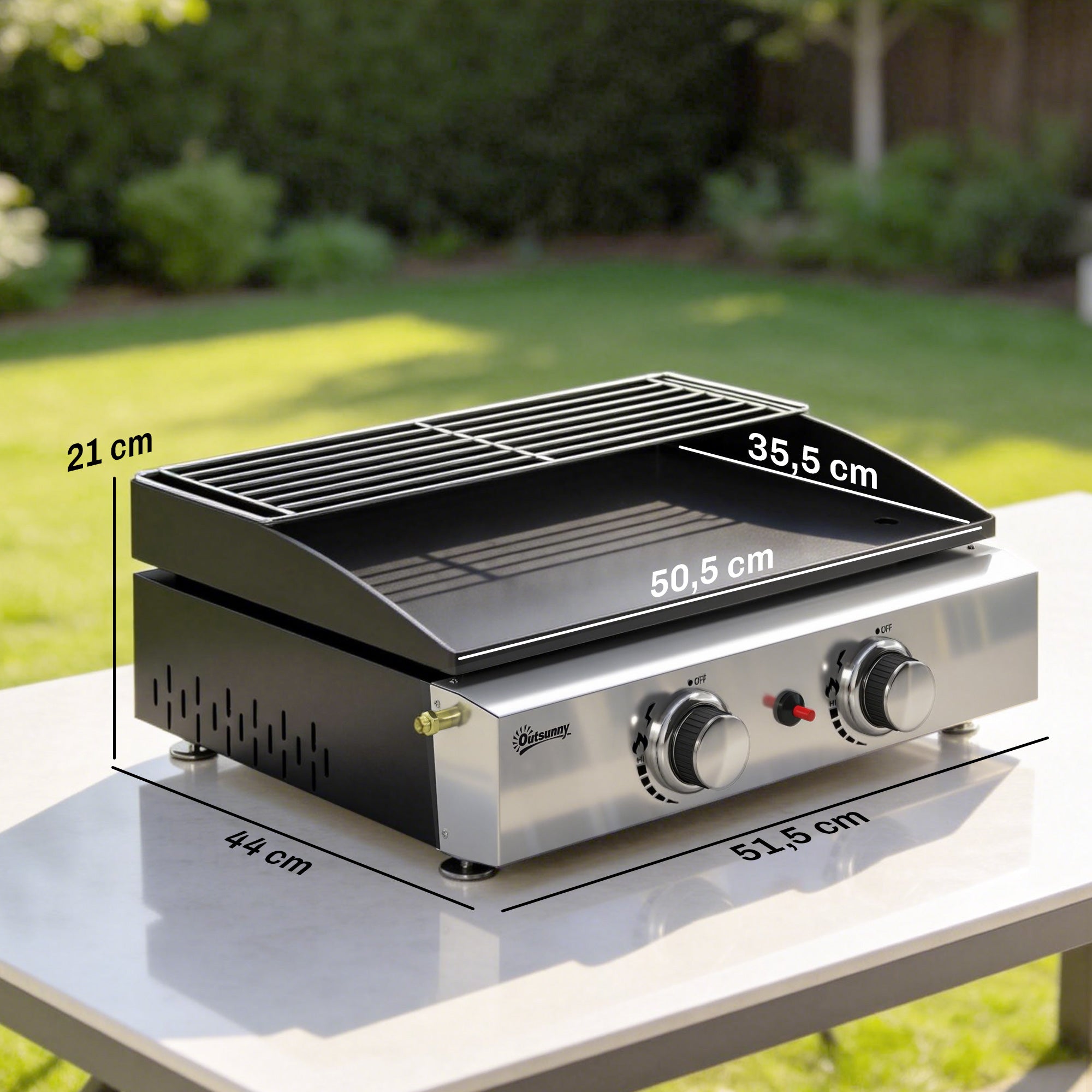 Outsunny Barbacoa de Gas BBQ Gas con 2 Quemadores 5 kW, Barbacoa Portátil con Plancha, Rejilla Calentadora y Recogedor Grasa, para Camping, Picnic, Terraza, Negro
