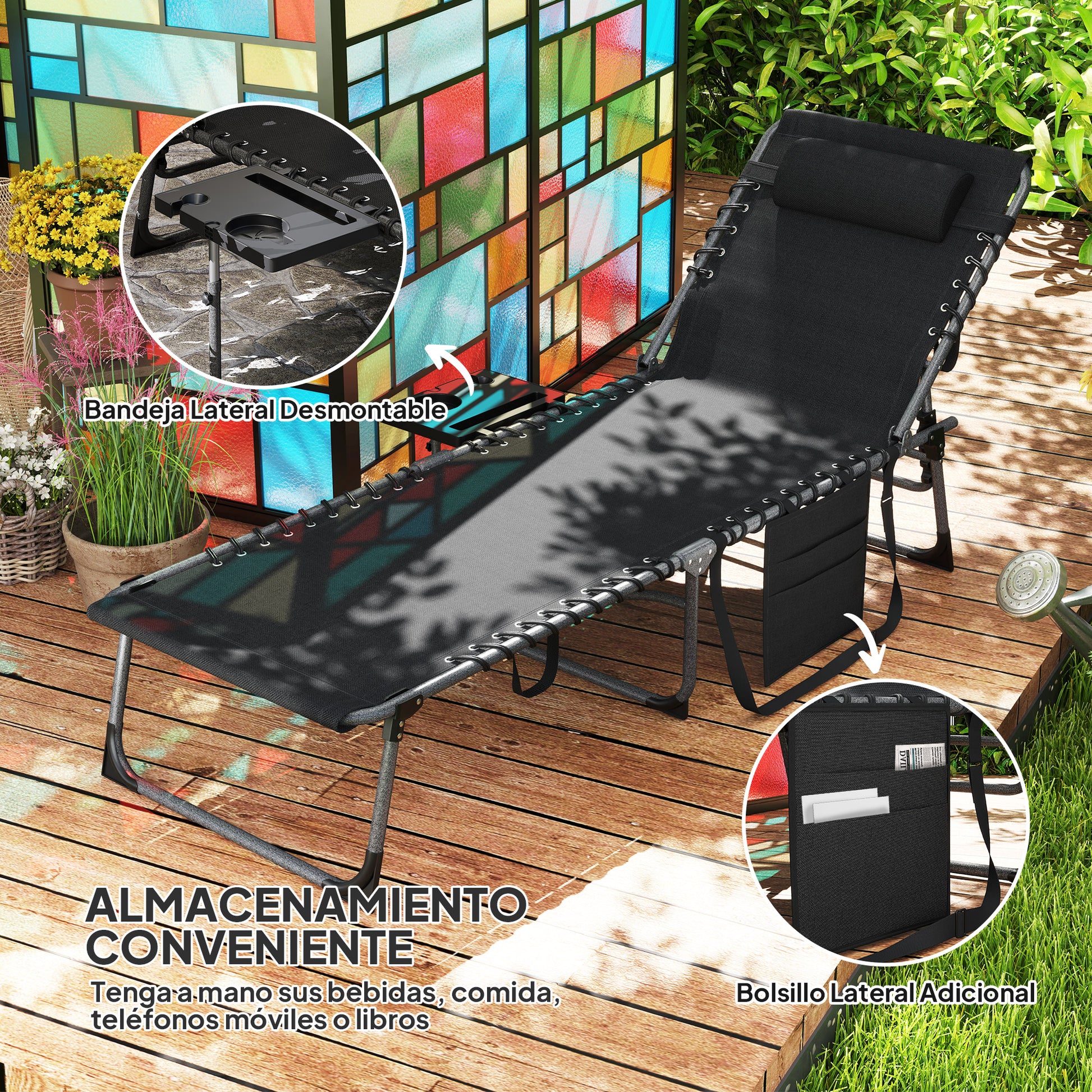 Outsunny Tumbona Plegable, Tumbona Jardín Exterior con Respaldo Ajustable, Reposacabezas, Bolsillo Lateral, Bandeja y Estructura de Acero, Carga 120 kg para Terraza Piscina Playa, 190x60x31 cm, Negro