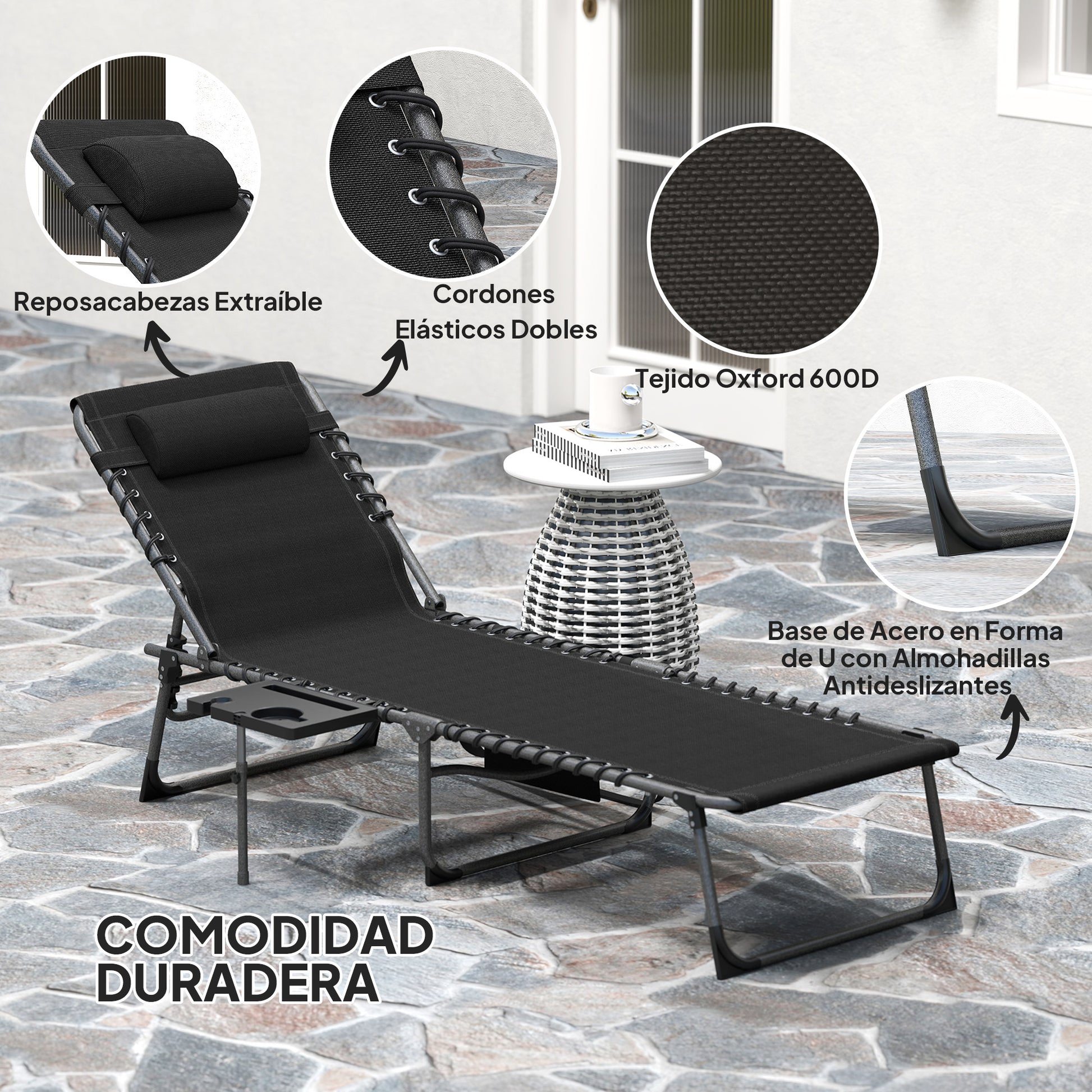 Outsunny Tumbona Plegable, Tumbona Jardín Exterior con Respaldo Ajustable, Reposacabezas, Bolsillo Lateral, Bandeja y Estructura de Acero, Carga 120 kg para Terraza Piscina Playa, 190x60x31 cm, Negro