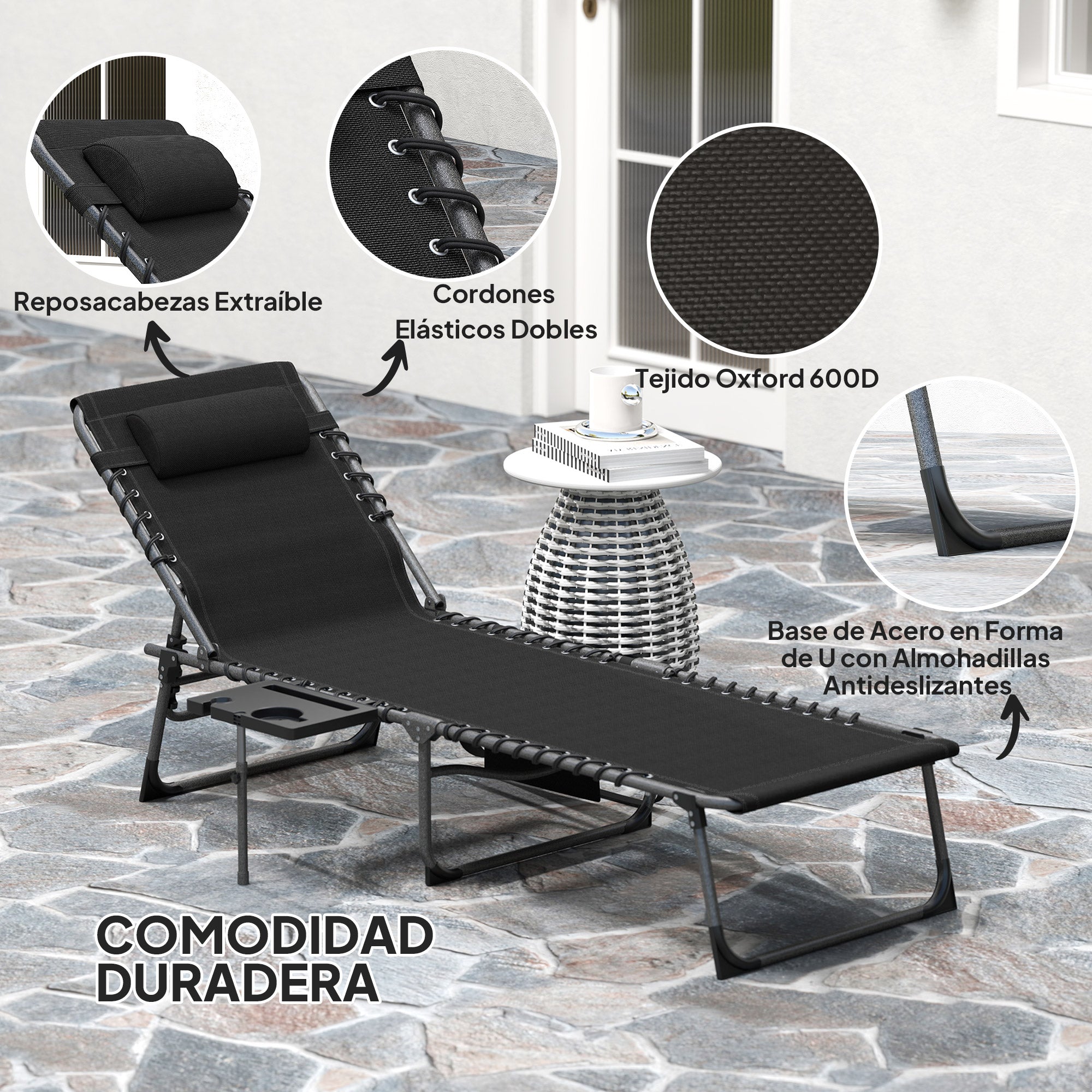 Outsunny Tumbona Plegable, Tumbona Jardín Exterior con Respaldo Ajustable, Reposacabezas, Bolsillo Lateral, Bandeja y Estructura de Acero, Carga 120 kg para Terraza Piscina Playa, 190x60x31 cm, Negro
