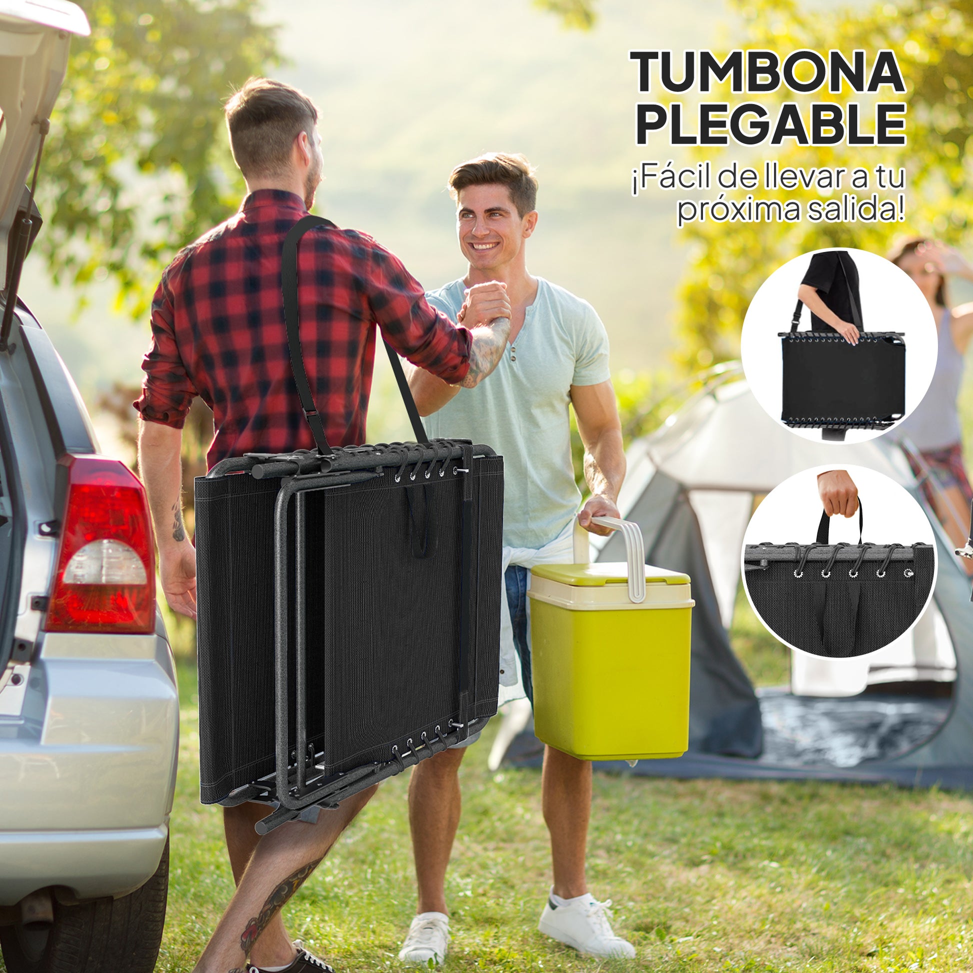 Outsunny Tumbona Plegable, Tumbona Jardín Exterior con Respaldo Ajustable, Reposacabezas, Bolsillo Lateral, Bandeja y Estructura de Acero, Carga 120 kg para Terraza Piscina Playa, 190x60x31 cm, Negro