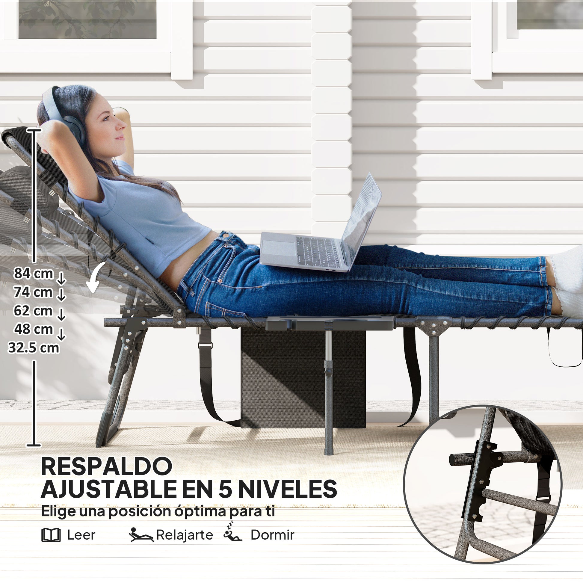 Outsunny Tumbona Plegable, Tumbona Jardín Exterior con Respaldo Ajustable, Reposacabezas, Bolsillo Lateral, Bandeja y Estructura de Acero, Carga 120 kg para Terraza Piscina Playa, 190x60x31 cm, Negro