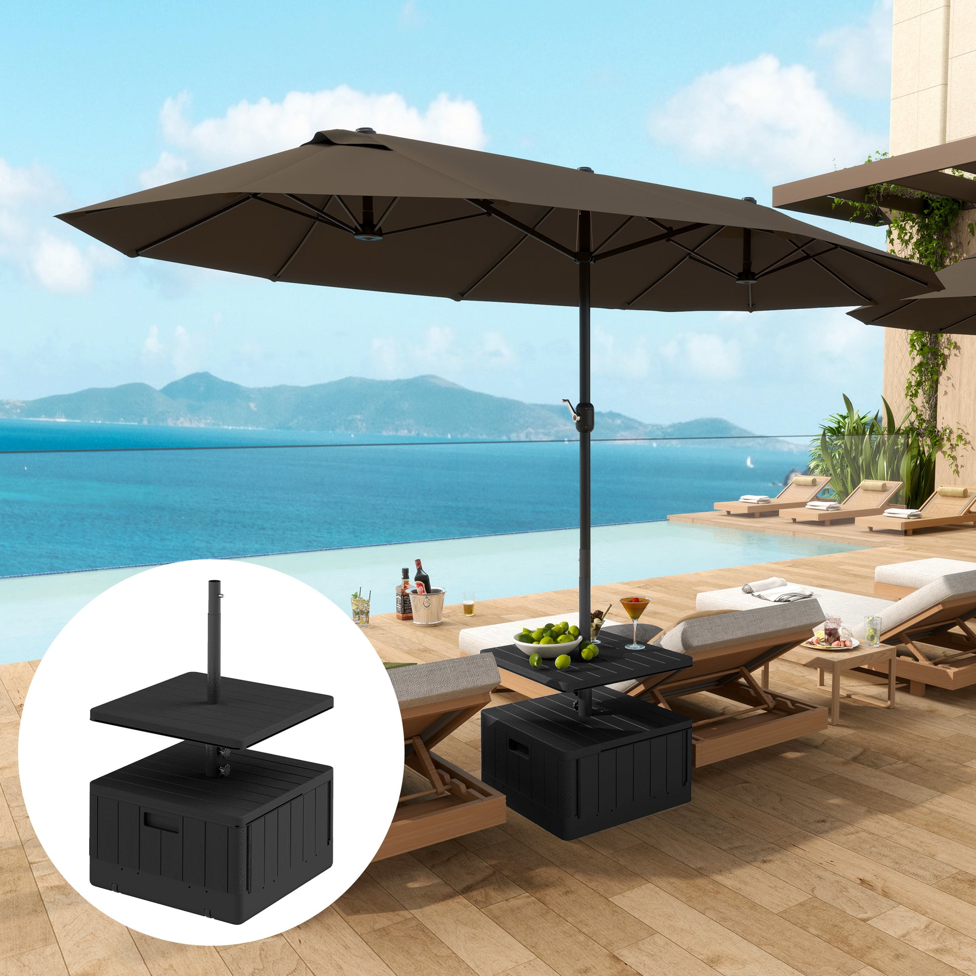 Outsunny Base para Sombrilla Exterior 3 en 1, Mesa Auxiliar Ajustable, Macetero con Orificio de Drenaje, Soporte de Parasol Rellenable Arena 80 kg con Ruedas y Asas, para Postes Ø38 y Ø48 mm, Negro