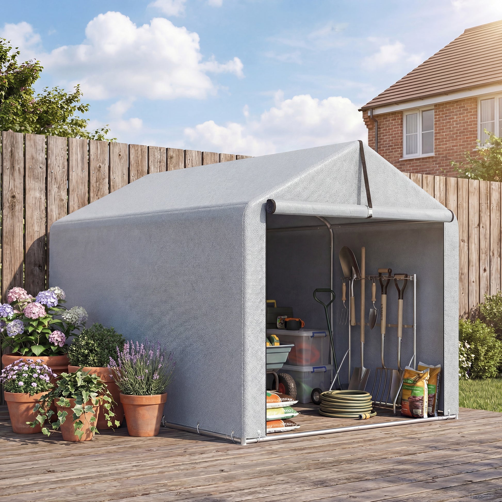 Outsunny Carpa de Jardín Exterior para Herramientas, Bicicletas, 1,6x2,2x1,6 m, Cobertizo Exterior con Marco de Acero Galvanizado, Puerta Enrollable, Impermeable, Anti-UV, Garaje Portátil, Gris