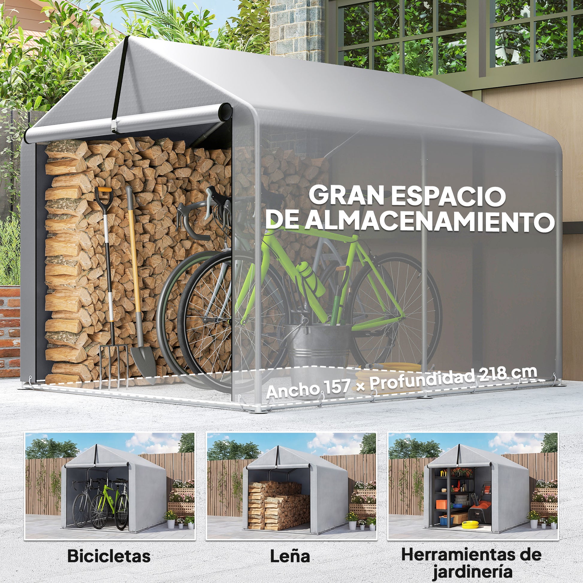 Outsunny Carpa de Jardín Exterior para Herramientas, Bicicletas, 1,6x2,2x1,6 m, Cobertizo Exterior con Marco de Acero Galvanizado, Puerta Enrollable, Impermeable, Anti-UV, Garaje Portátil, Gris