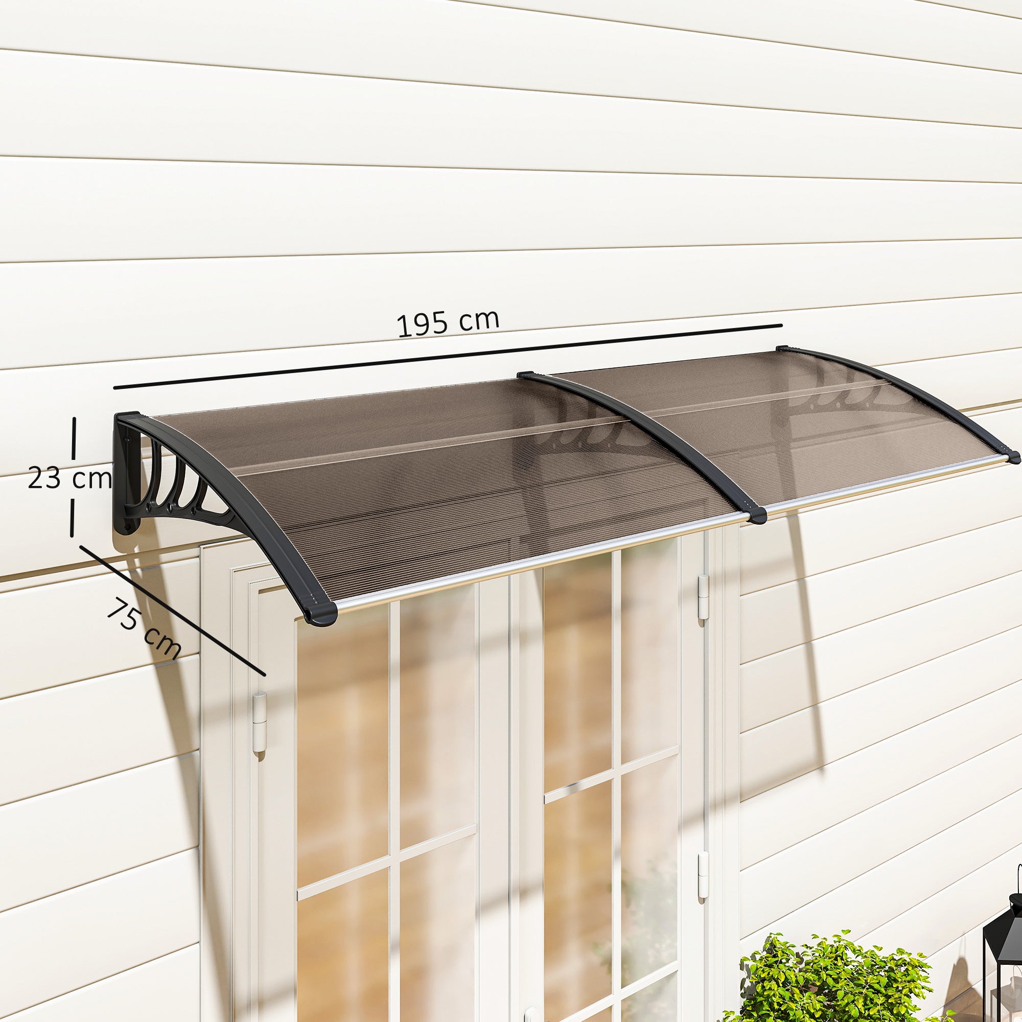 Outsunny Marquesinas Exterior para Puertas y Ventanas, 195x75 cm, Tejadillo de Protección contra Sol y Lluvia, con Cubierta de Policarbonato, Soporte de Aleación de Aluminio, Marrón